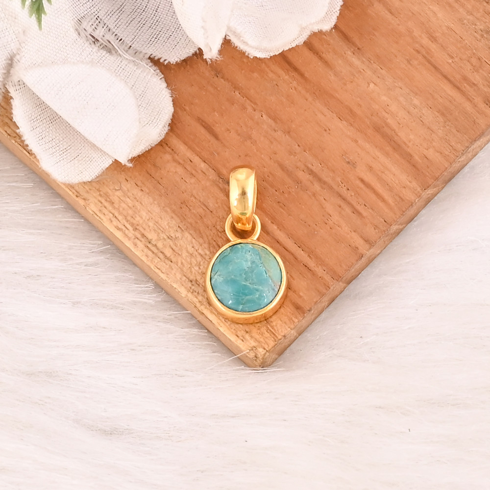 Image of Natural Larimar Gemstone Gold Plated 925 Sterling Silver Round Shape Pendant Handmade Trendy Fine Jewelry
