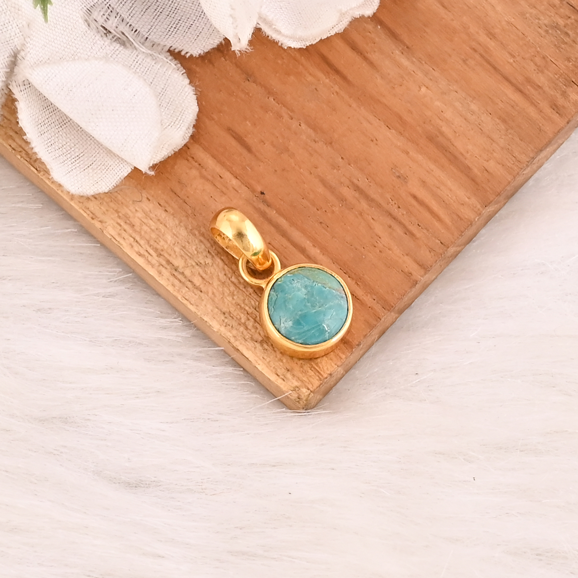 Natural Larimar Gemstone Gold Plated 925 Sterling Silver Round Shape Pendant Handmade Trendy Fine Jewelry