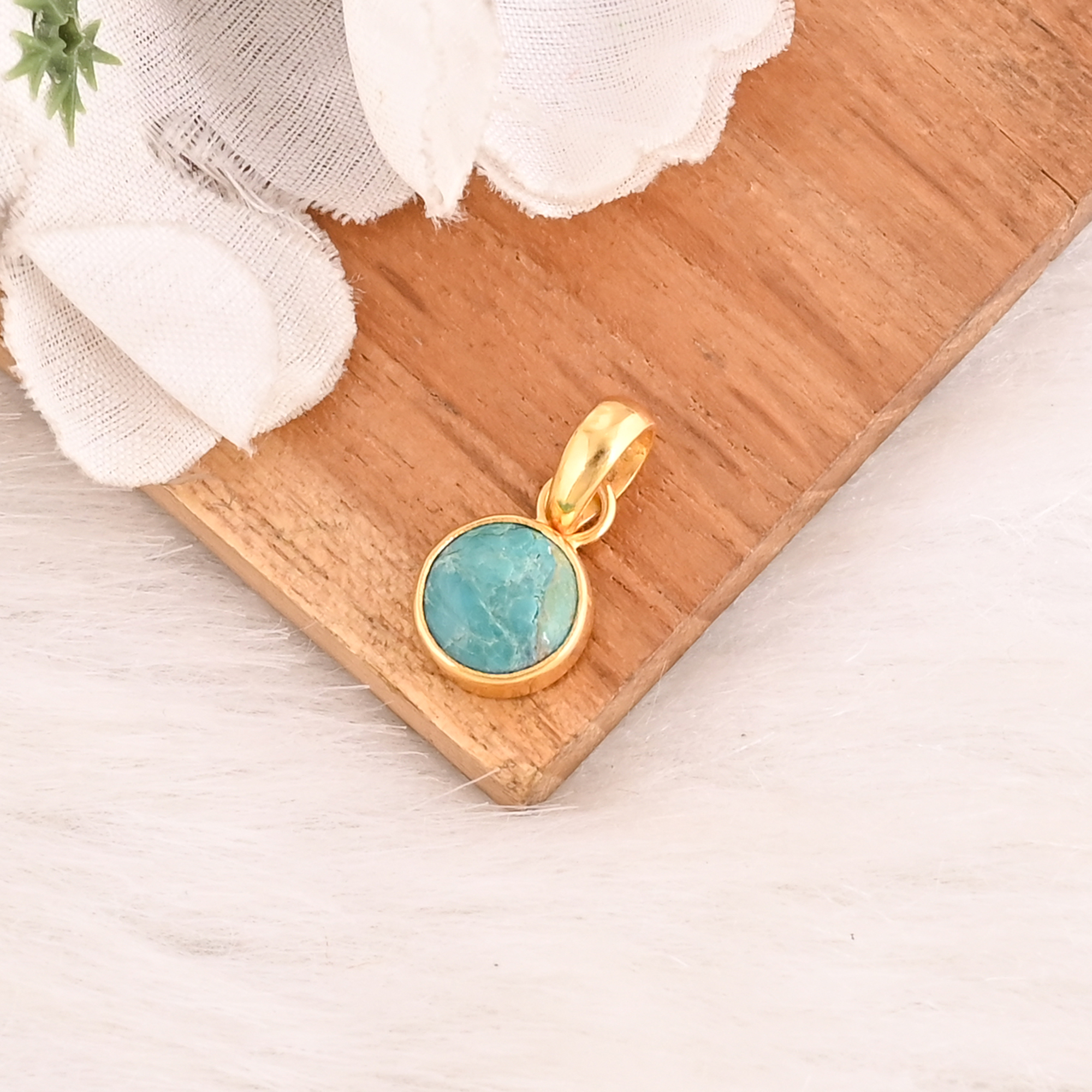 Natural Larimar Gemstone Gold Plated 925 Sterling Silver Round Shape Pendant Handmade Trendy Fine Jewelry