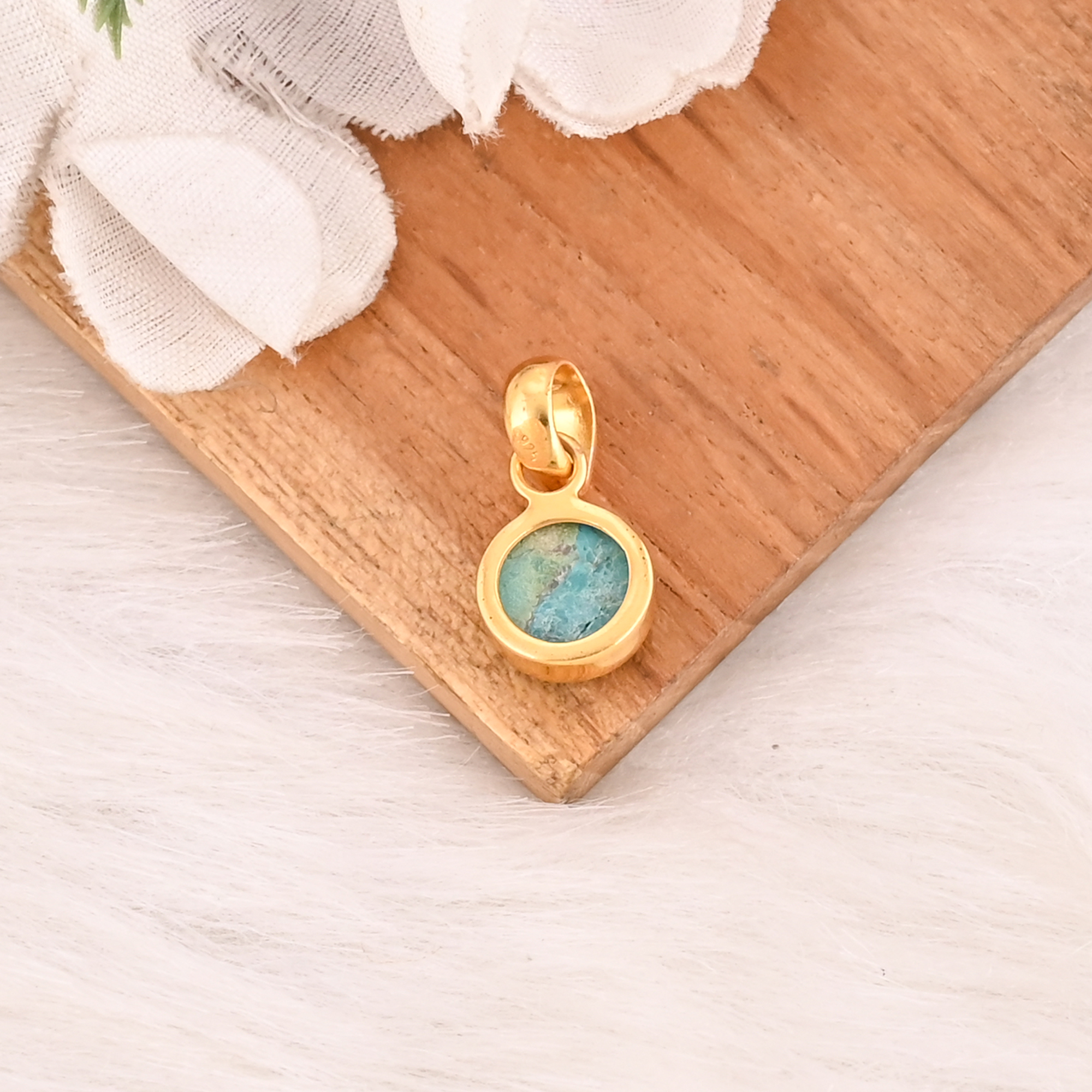 Natural Larimar Gemstone Gold Plated 925 Sterling Silver Round Shape Pendant Handmade Trendy Fine Jewelry