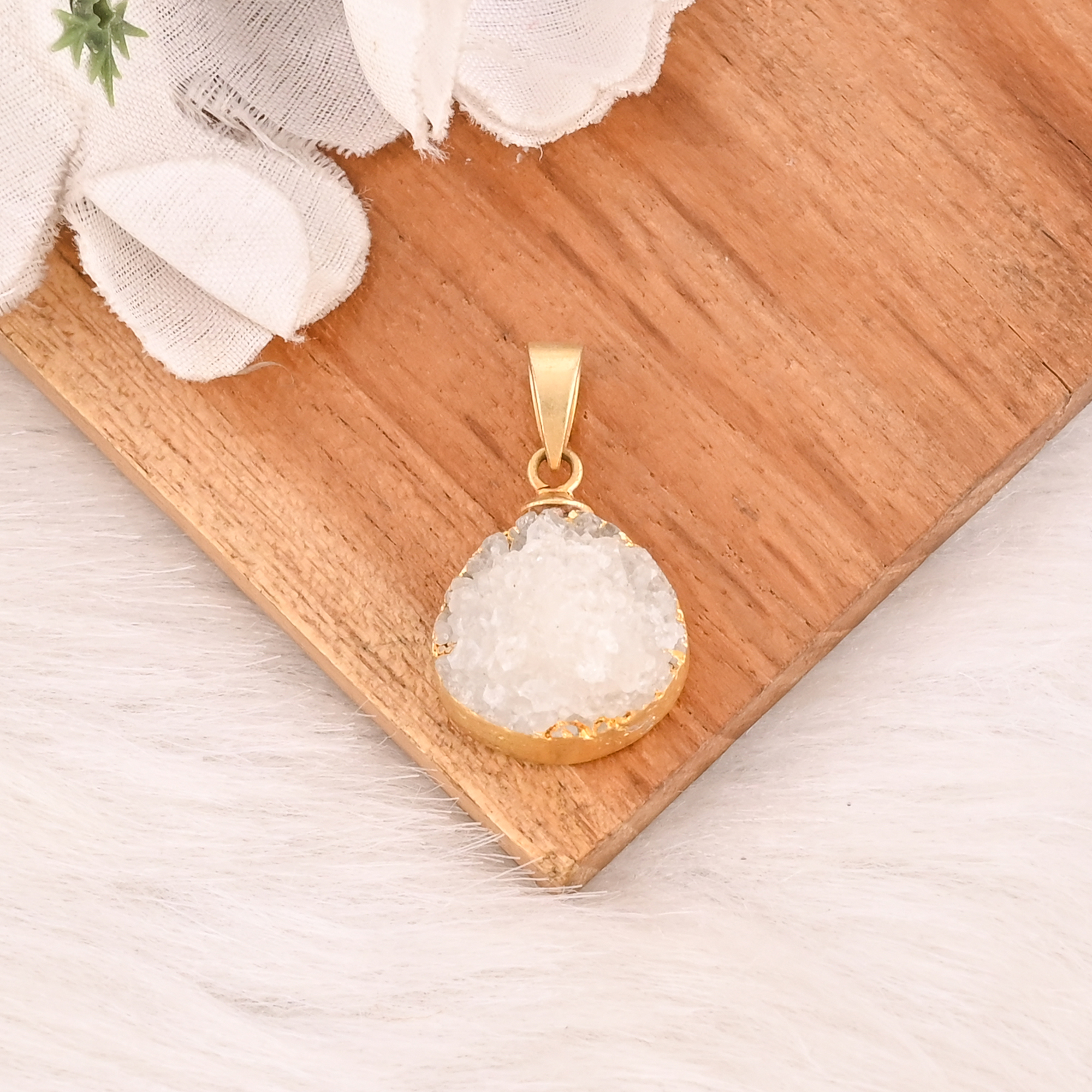 Natural White Druzy Pendant 925 Sterling Silver Handmade Gemstone Minimalist Jewelry for Unisex