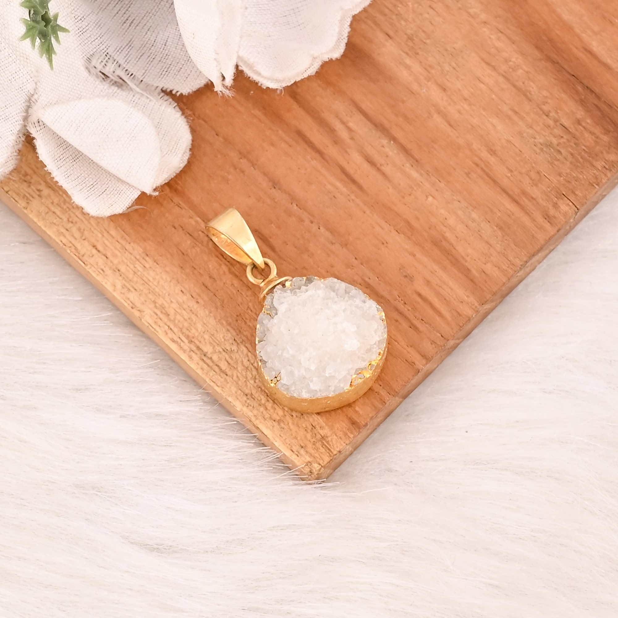 Natural White Druzy Pendant 925 Sterling Silver Handmade Gemstone Minimalist Jewelry for Unisex