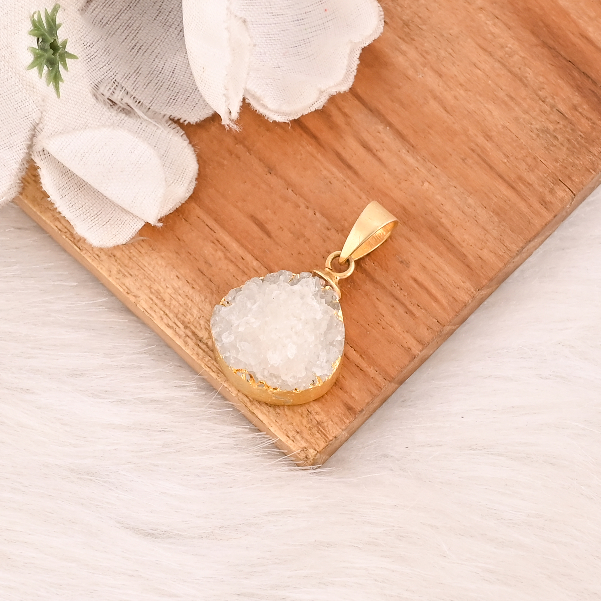 Natural White Druzy Pendant 925 Sterling Silver Handmade Gemstone Minimalist Jewelry for Unisex
