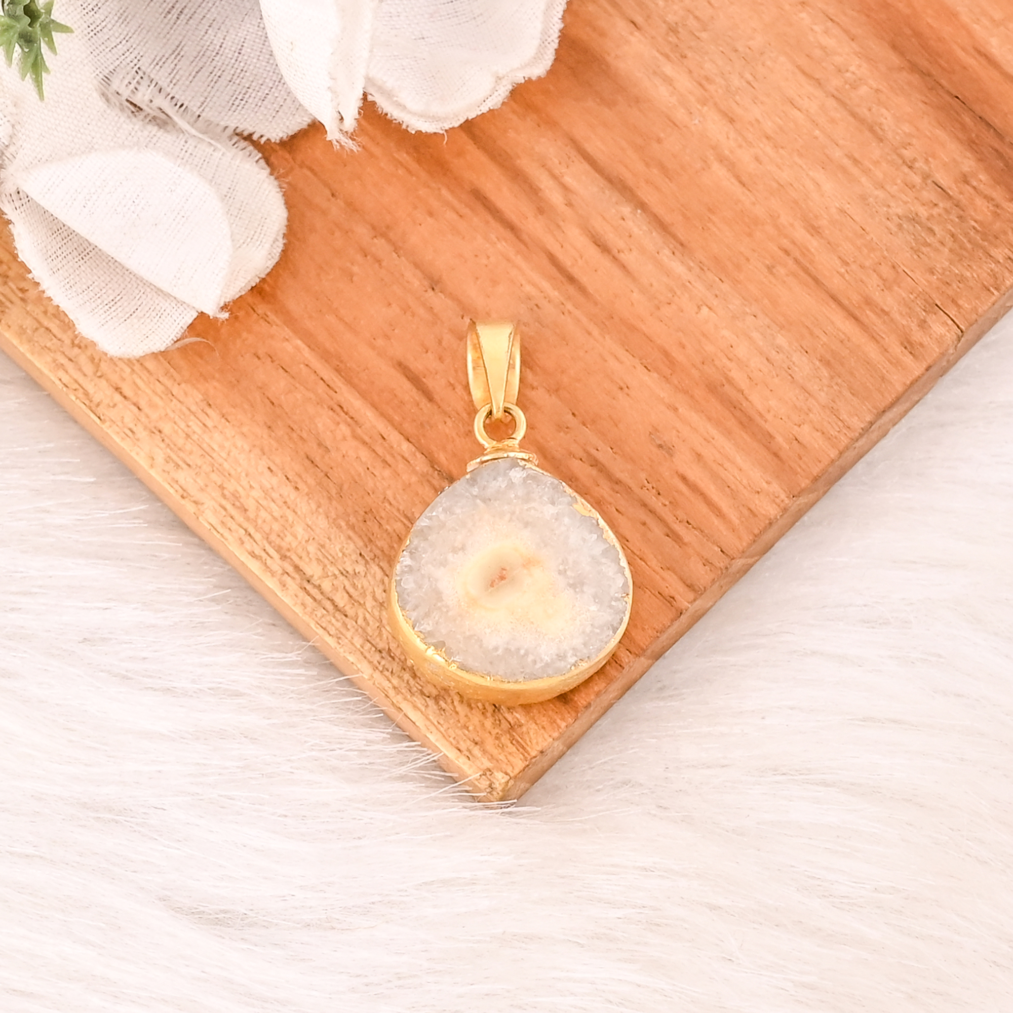 Natural White Druzy Pendant 925 Sterling Silver Handmade Gemstone Minimalist Jewelry for Unisex