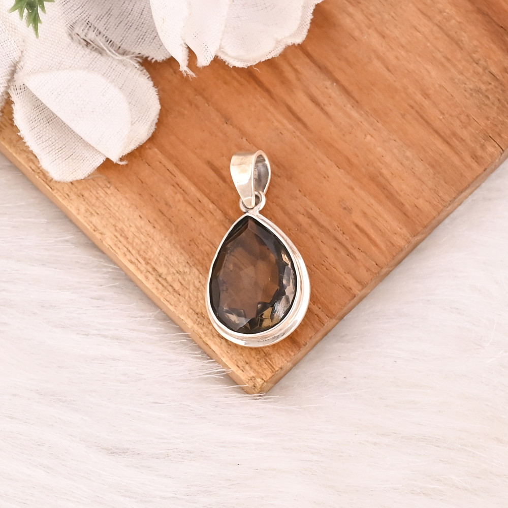 Image of Natural Smoky Quartz Gemstone 925 Sterling Silver Pendant Handmade Jewelry for Women