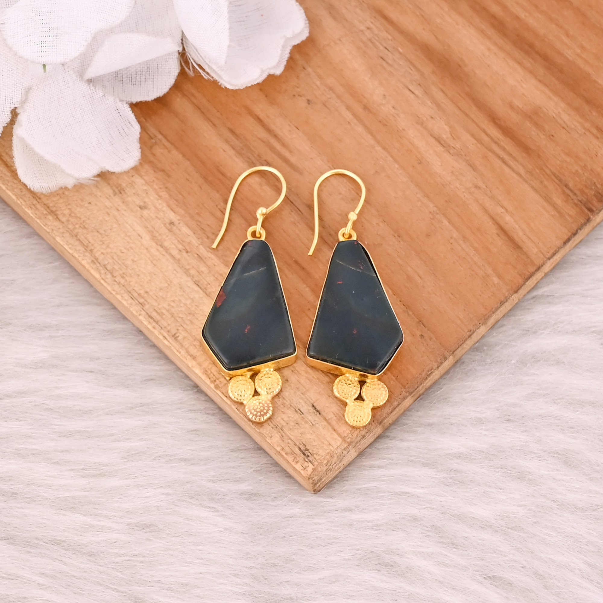 Blood Stone Gemstone Handmade Designer Bohemian Earrings Yellow Gold Plated Brass Dangler Earring