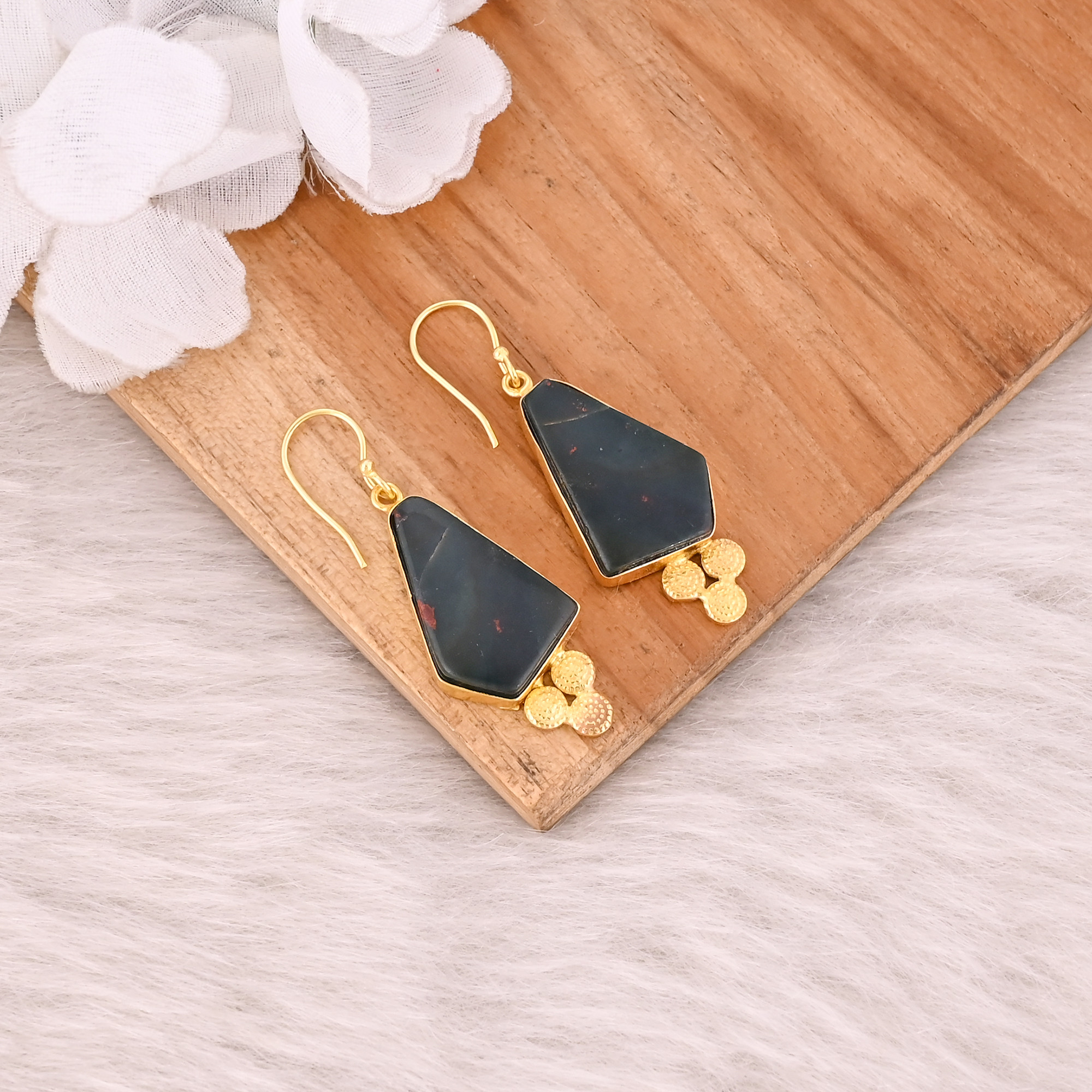 Blood Stone Gemstone Handmade Designer Bohemian Earrings Yellow Gold Plated Brass Dangler Earring