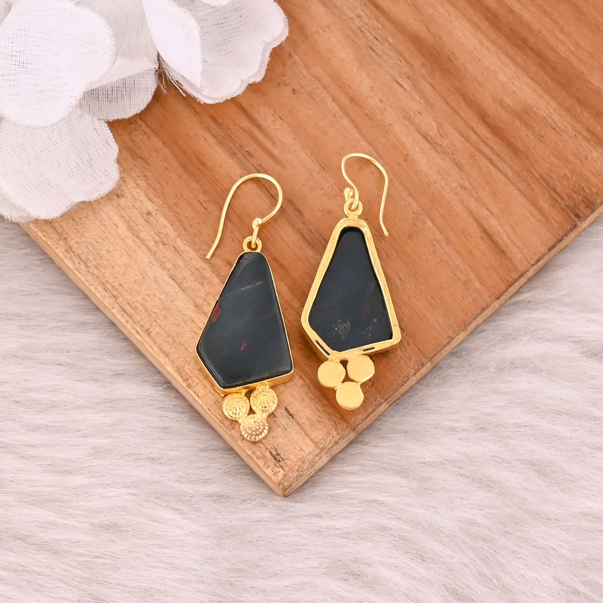 Blood Stone Gemstone Handmade Designer Bohemian Earrings Yellow Gold Plated Brass Dangler Earring