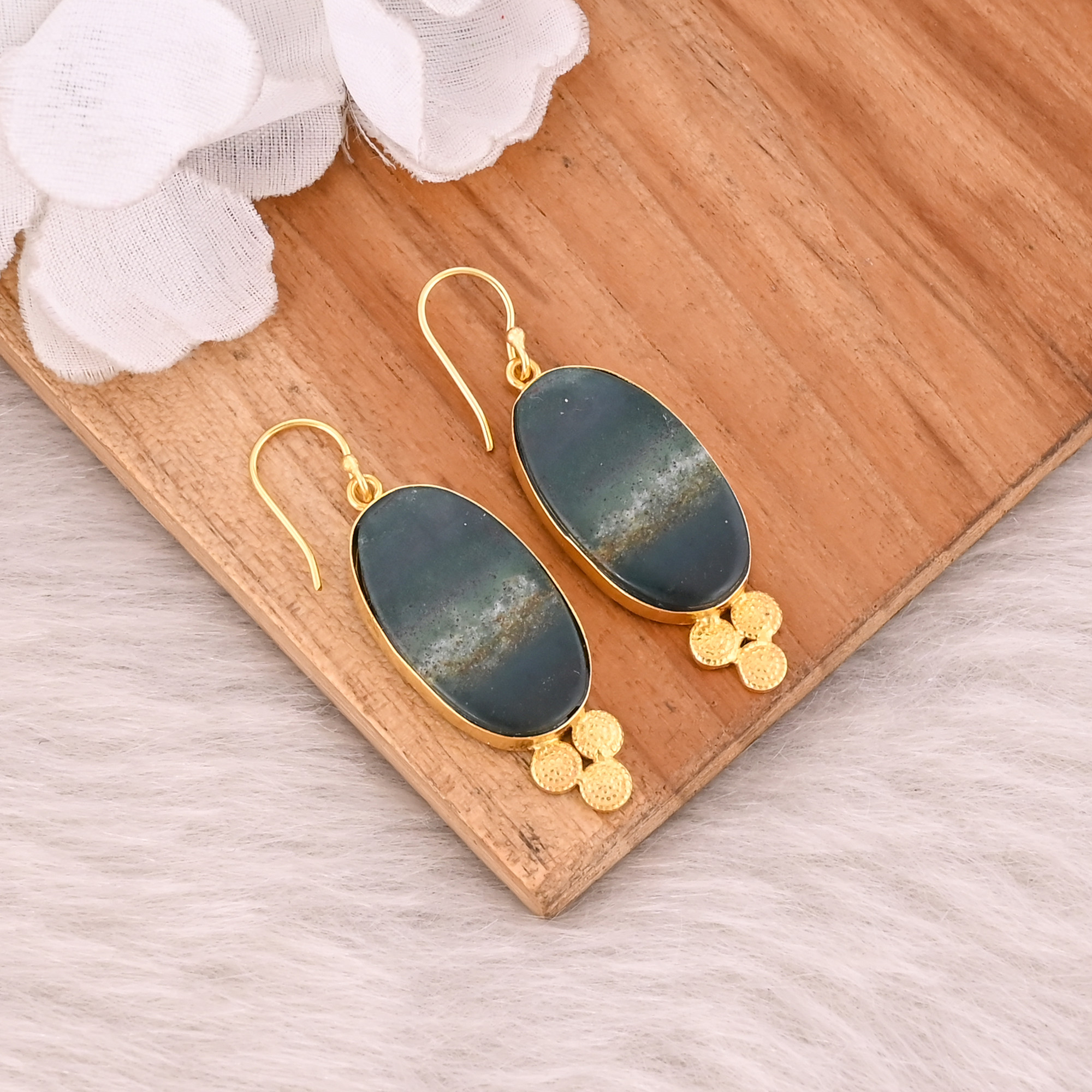 Blood Agate Gemstone Handmade Designer Birthday Gift Earrings Yellow Gold Brass Earring