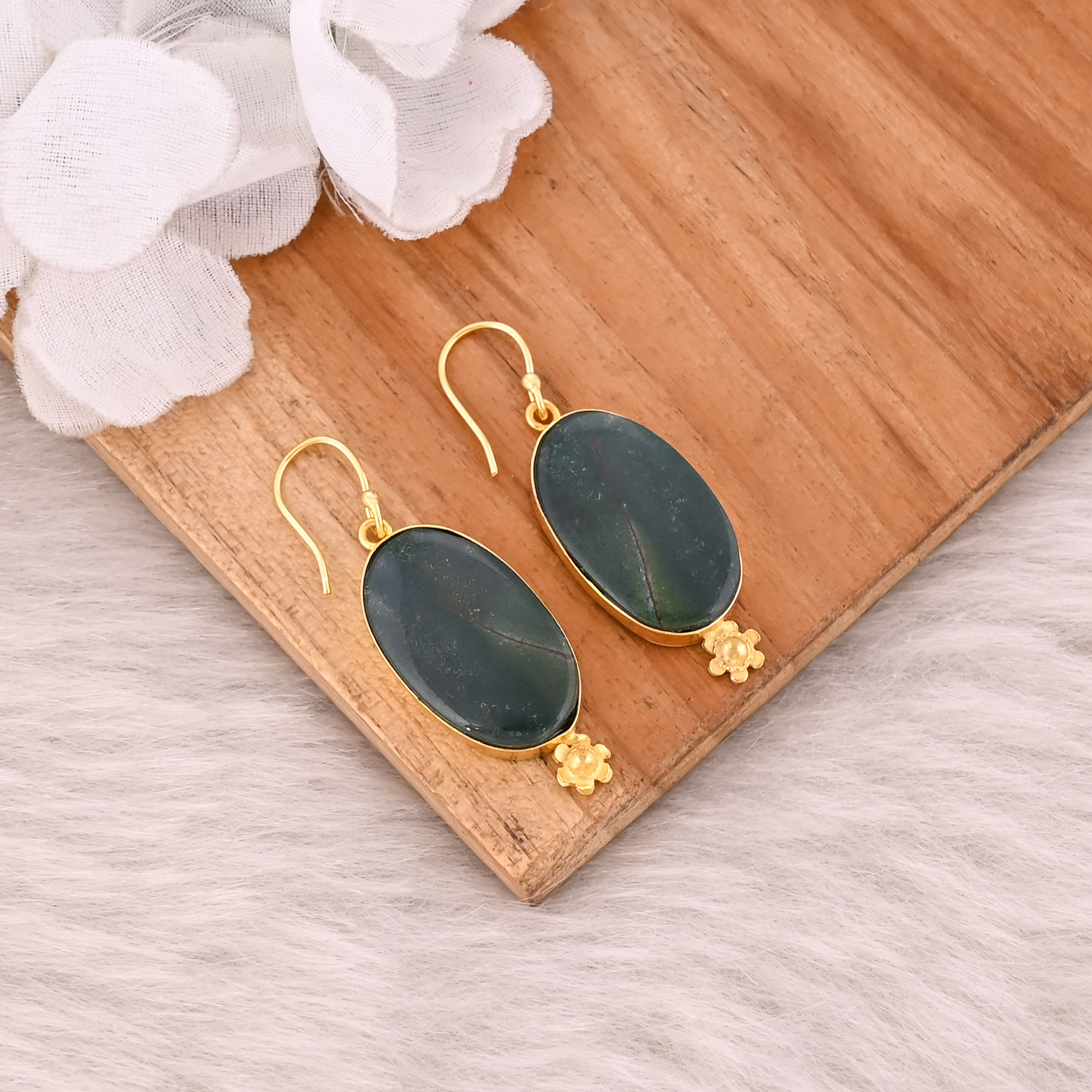 Blood Agate Gemstone Oval Shape Gemstone Yellow Gold Plated Statement Earring