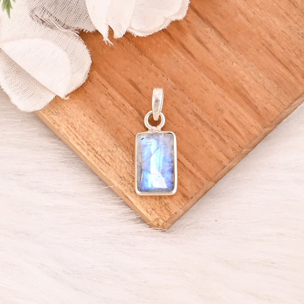 Image of Natural Rainbow Moonstone Pendant 925 Sterling Silver Handmade Gemstone Minimalist Jewelry for Unisex