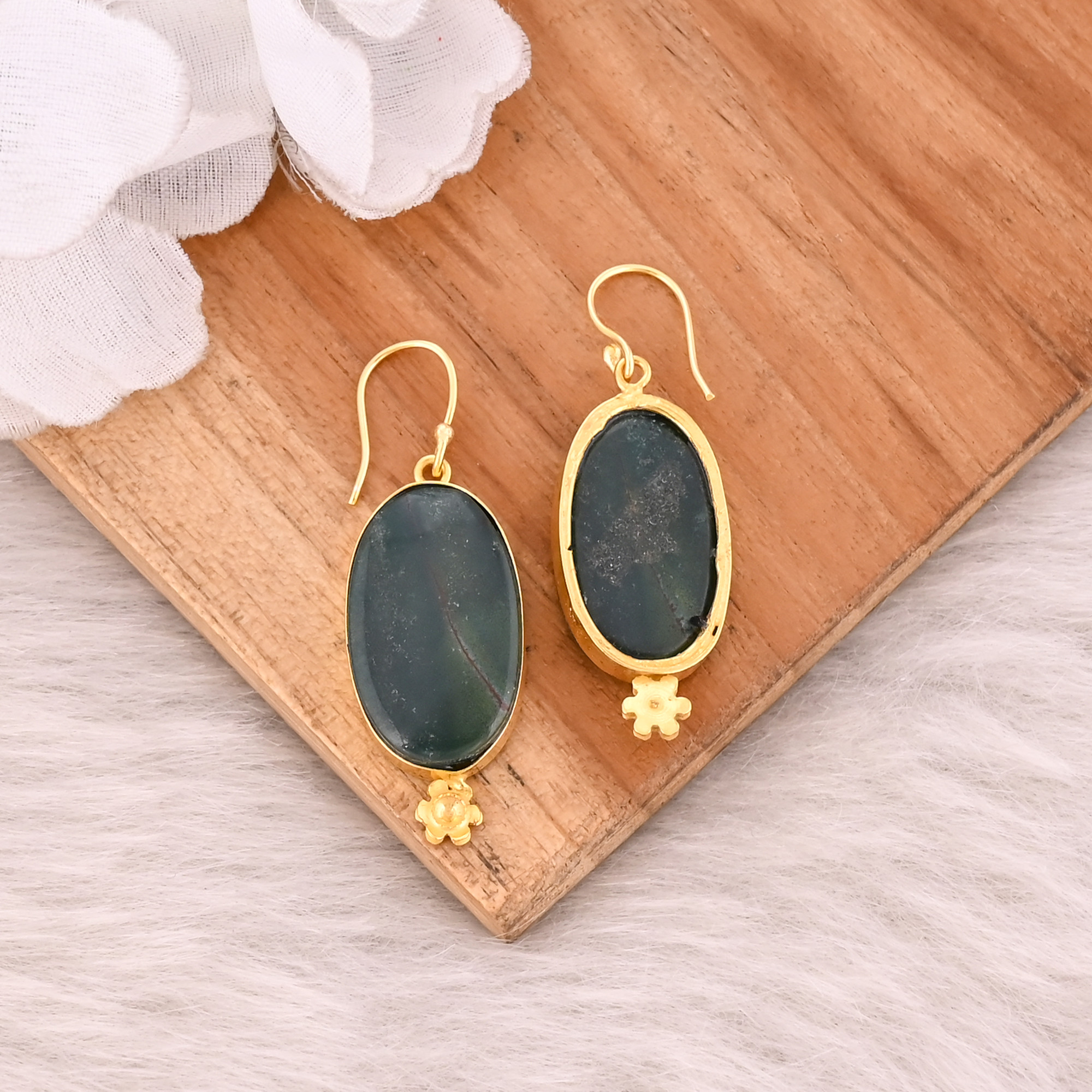 Blood Agate Gemstone Oval Shape Gemstone Yellow Gold Plated Statement Earring