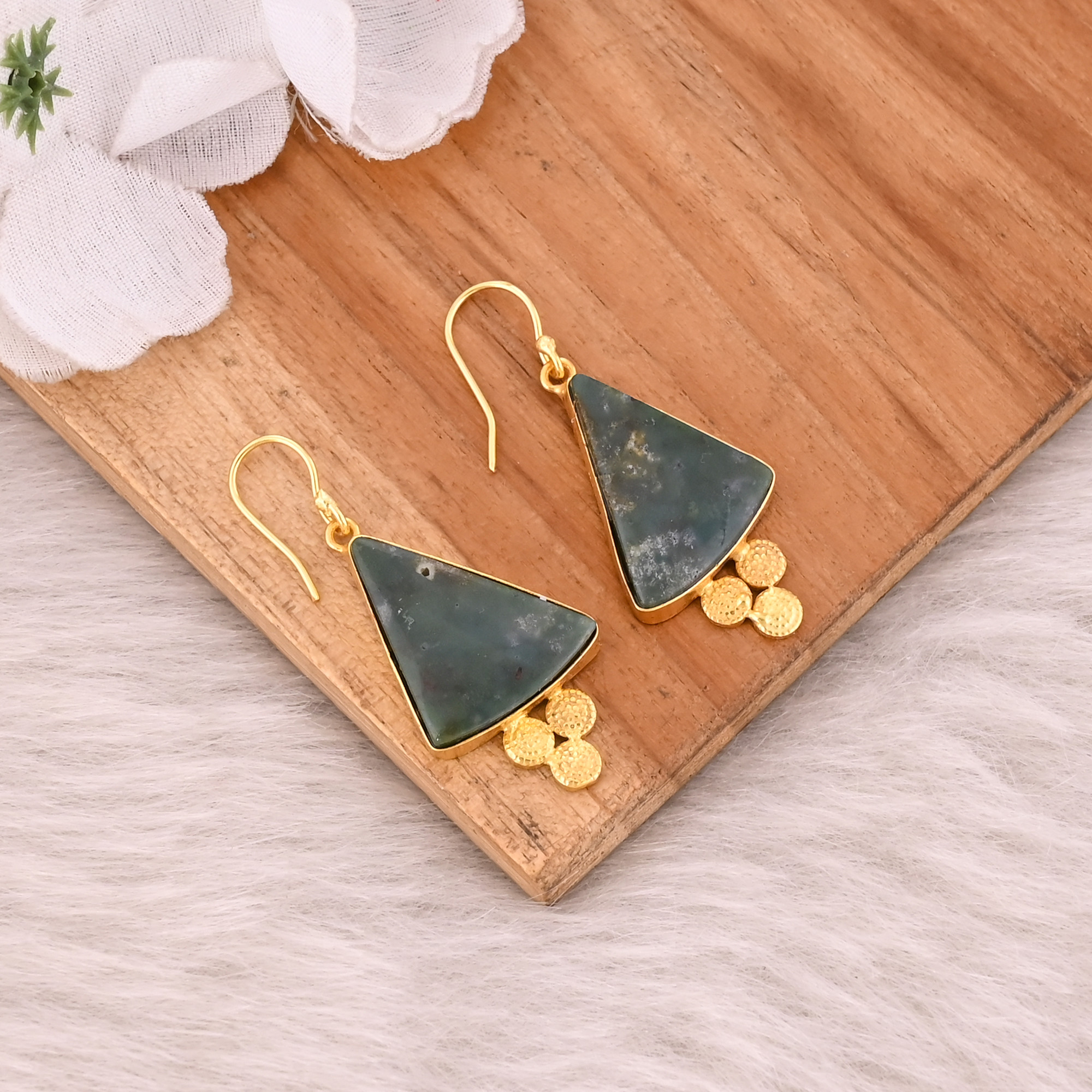 Blood Agate Gemstone Handmade Designer Anniversary Gift Earrings Yellow Gold Brass Dangler Fashion Jewelry