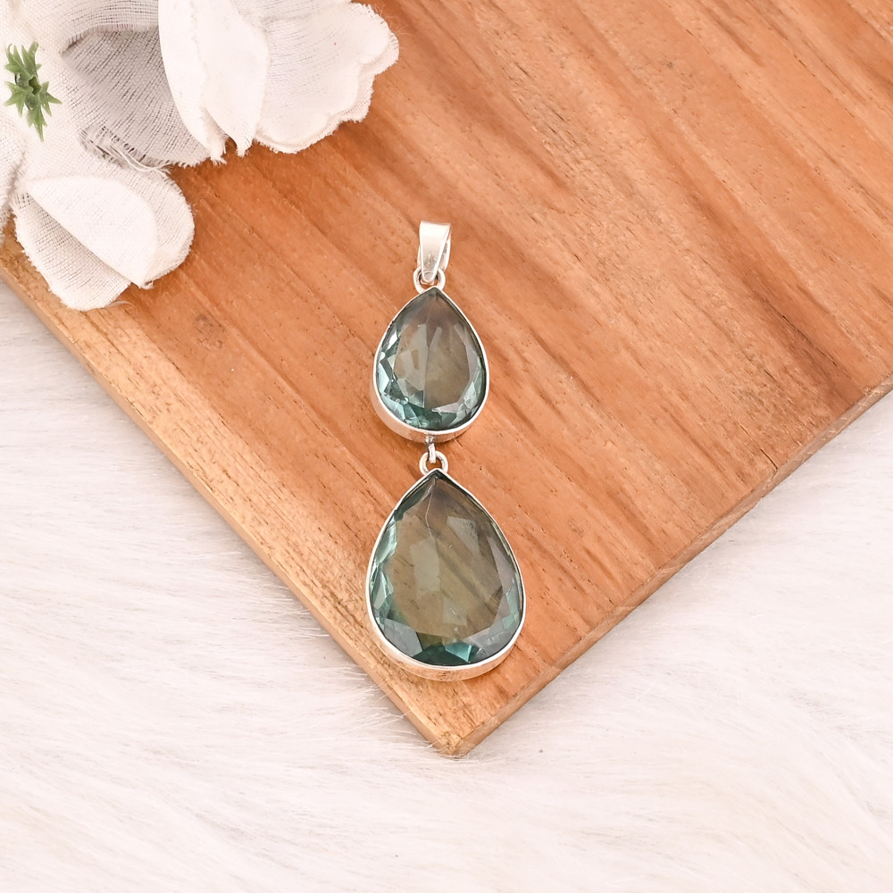 Image of Green Amethyst Hydro Gemstone 925 Sterling Silver Pendant Handmade Fine Jewelry