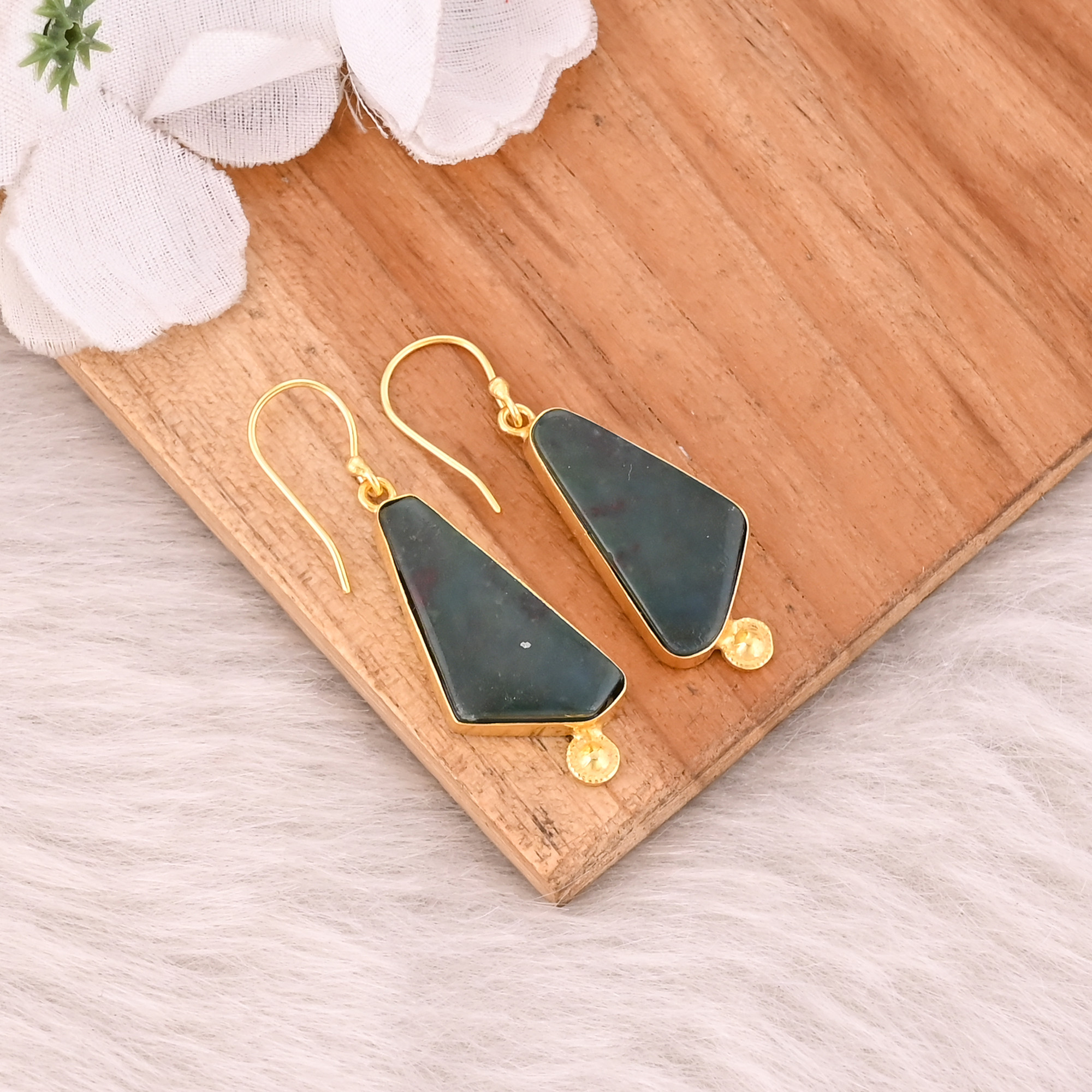 Yellow Gold Plated Brass Blood Agate Gemstone Handmade Dangler Earring Unique Gifts Jewelry