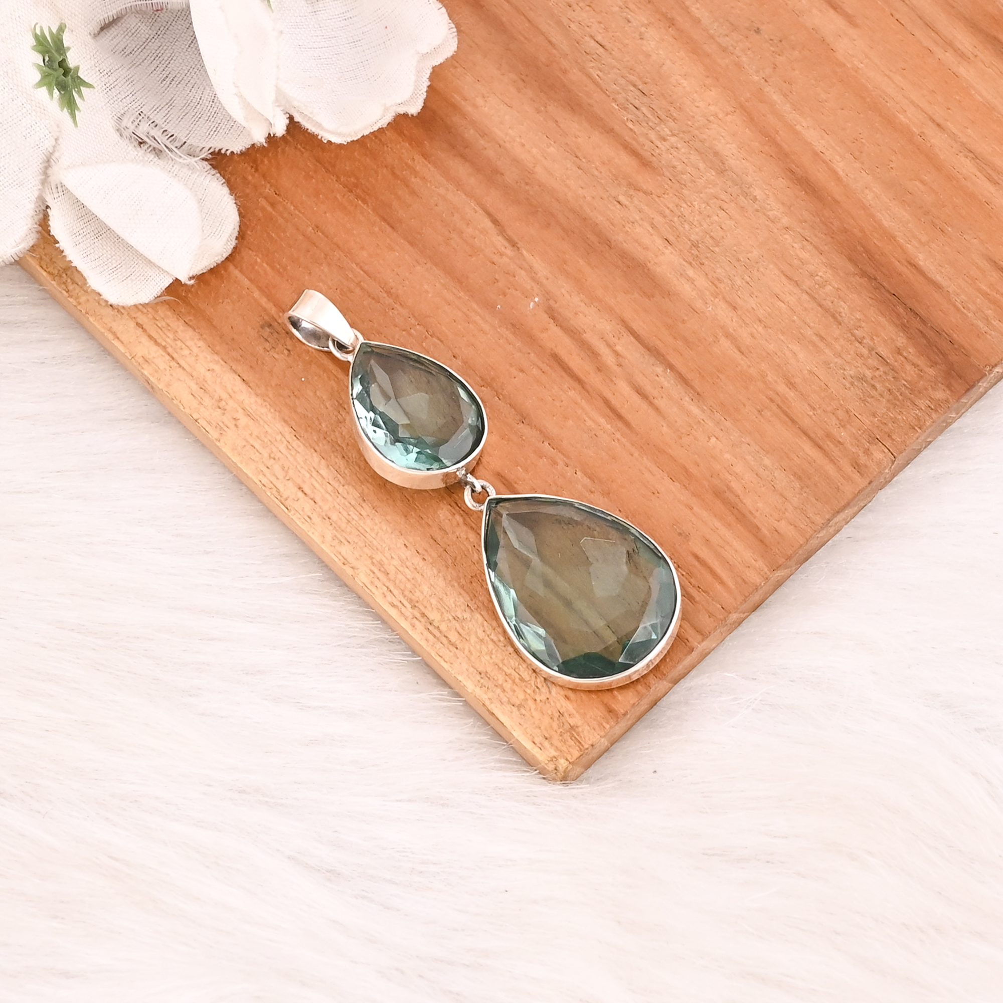 Green Amethyst Hydro Gemstone 925 Sterling Silver Pendant Handmade Fine Jewelry