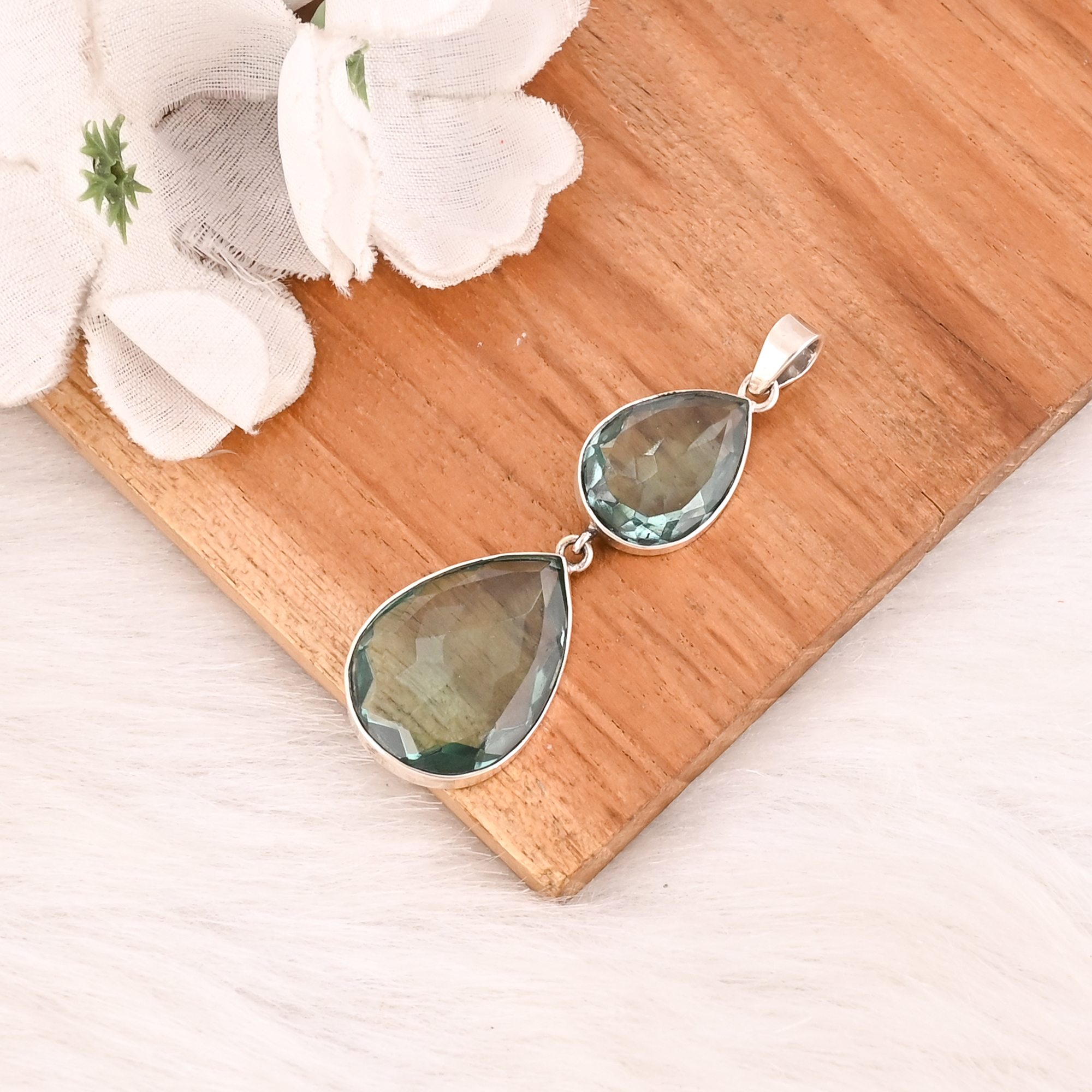 Green Amethyst Hydro Gemstone 925 Sterling Silver Pendant Handmade Fine Jewelry