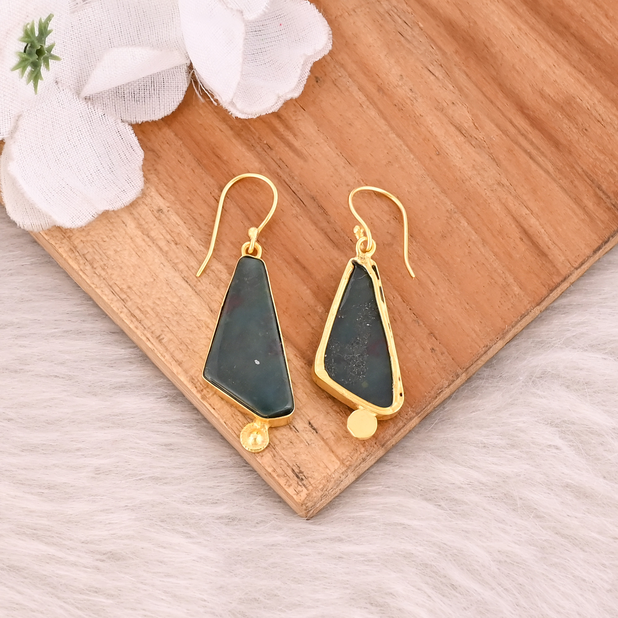 Yellow Gold Plated Brass Blood Agate Gemstone Handmade Dangler Earring Unique Gifts Jewelry