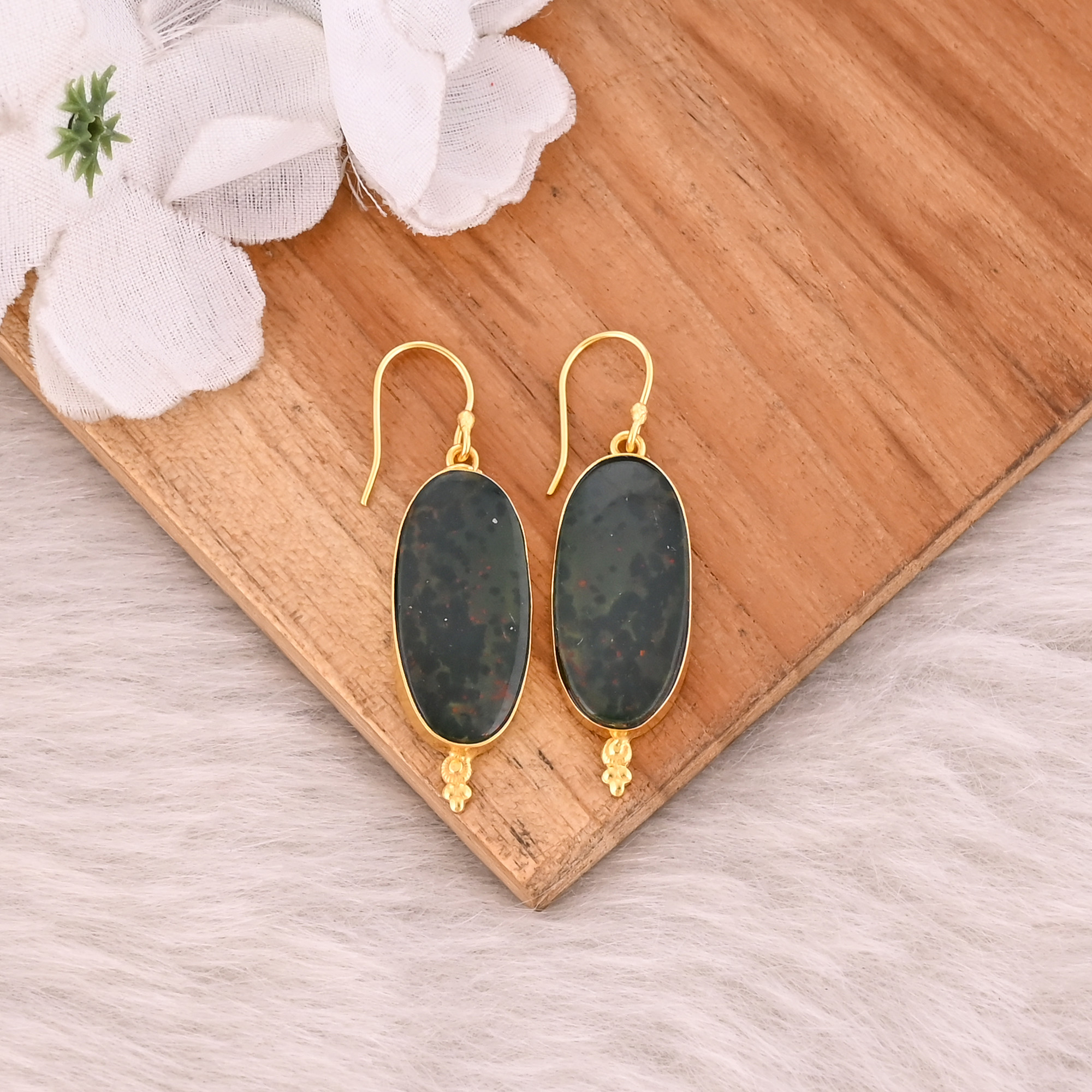 Blood Stone Gemstone Handmade Designer Big Oval Earrings Yellow Gold Plated Brass Dangler Earring