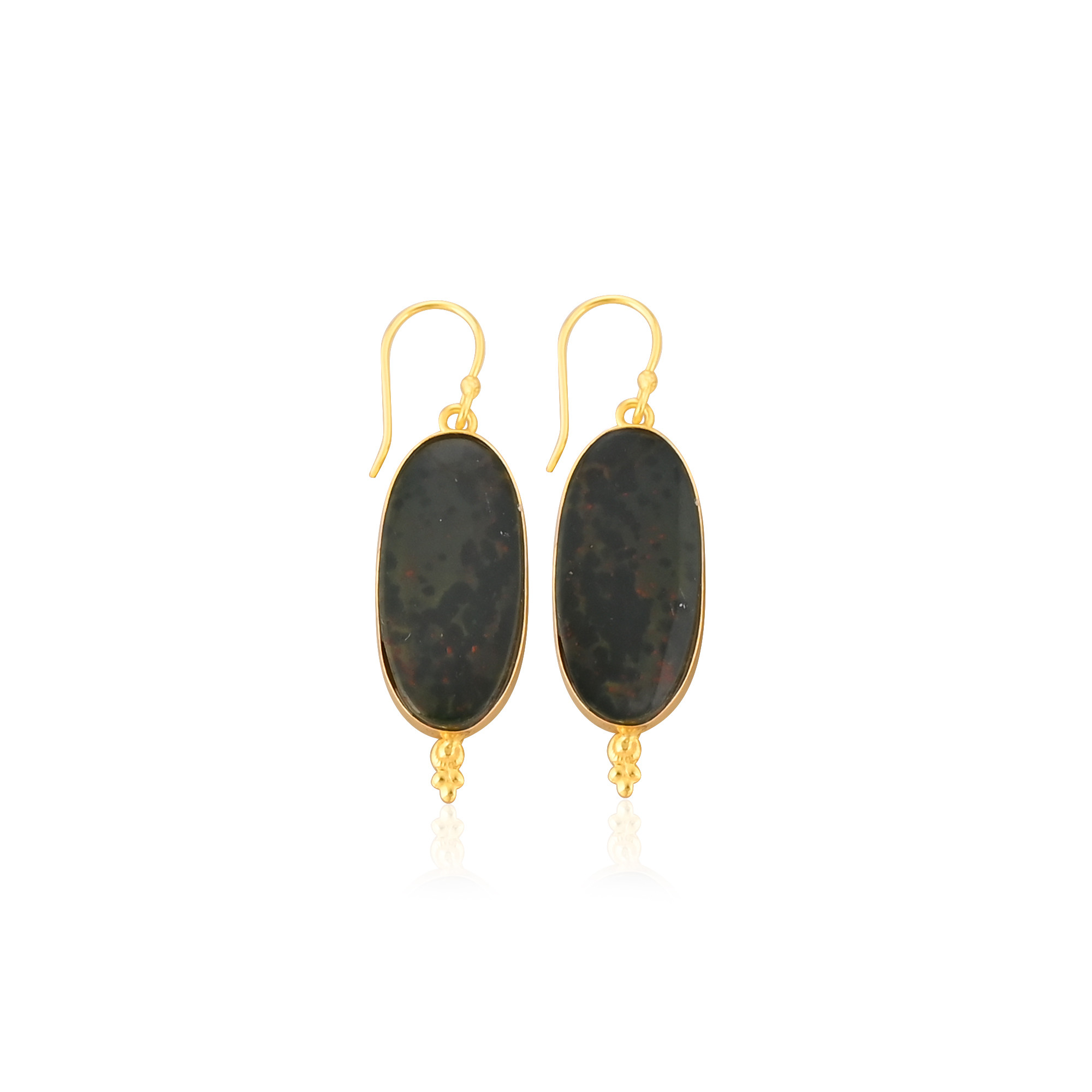 Blood Stone Gemstone Handmade Designer Big Oval Earrings Yellow Gold Plated Brass Dangler Earring