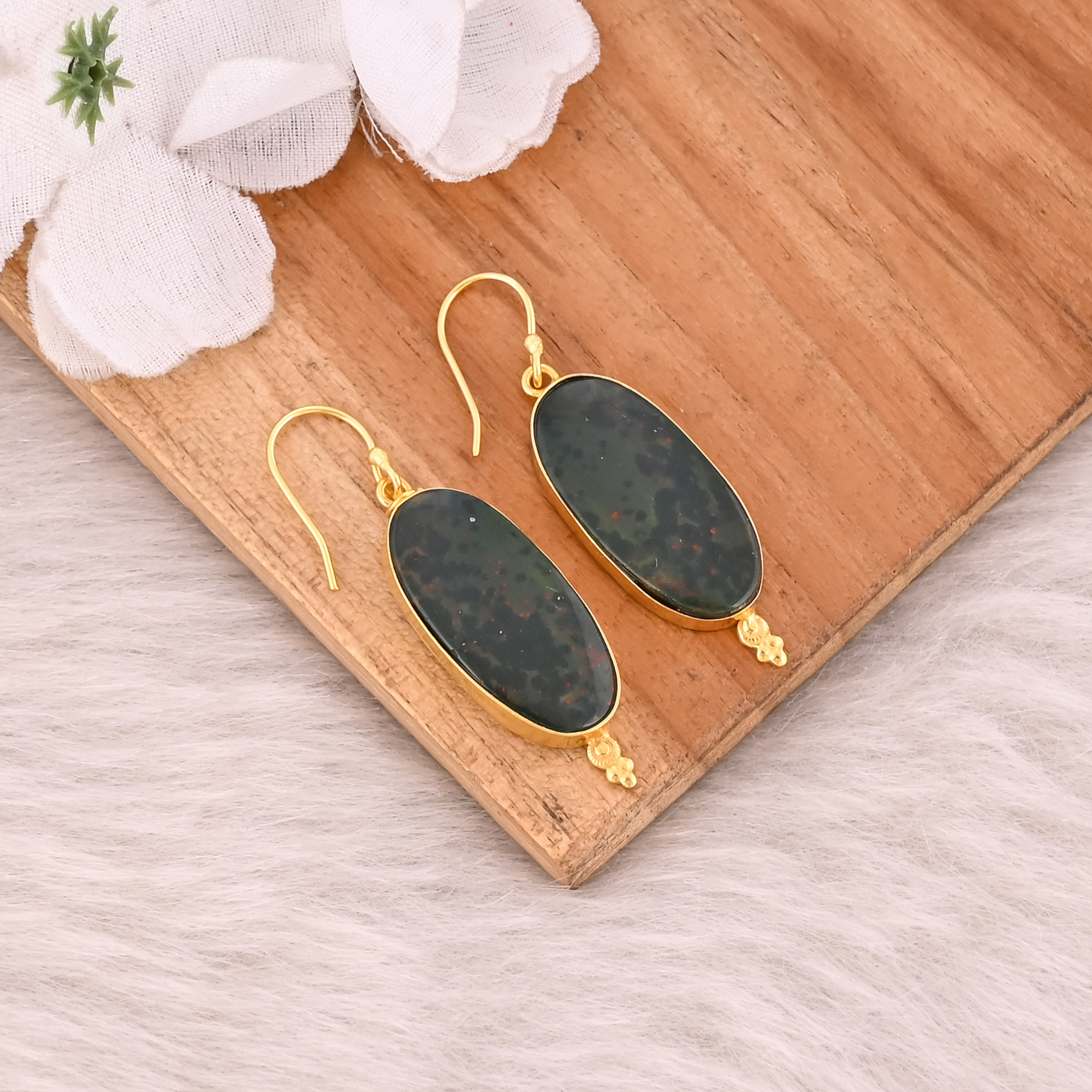 Blood Stone Gemstone Handmade Designer Big Oval Earrings Yellow Gold Plated Brass Dangler Earring
