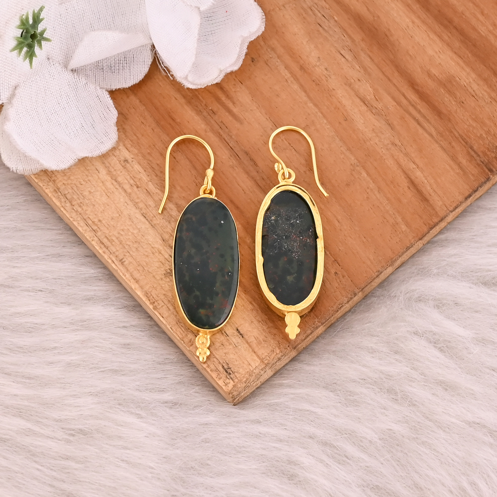 Blood Stone Gemstone Handmade Designer Big Oval Earrings Yellow Gold Plated Brass Dangler Earring