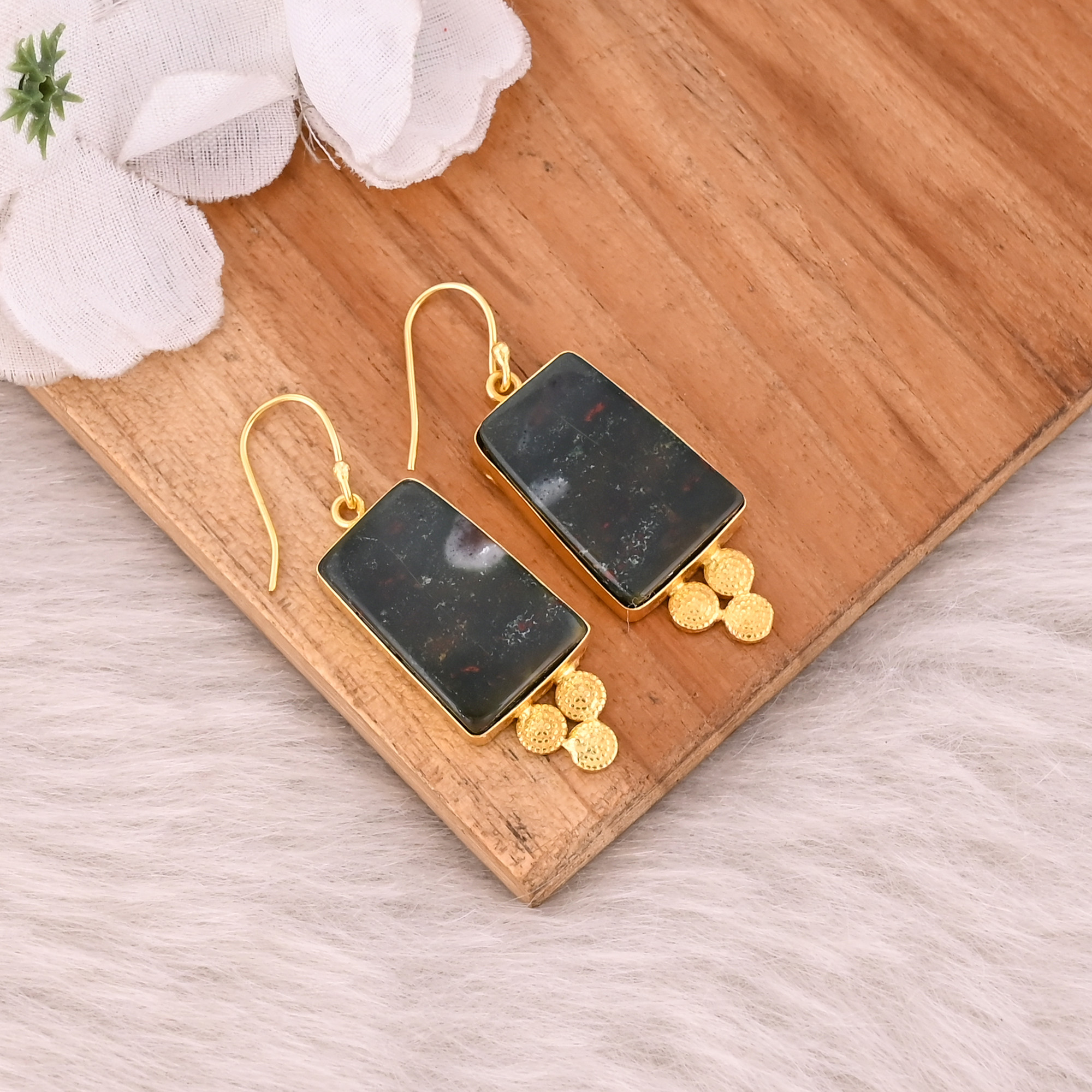 Handmade Designer Womens Yellow Gold Brass Earrings Blood Agate Gemstone Anniversary Gift Dangler Fashion Jewelry