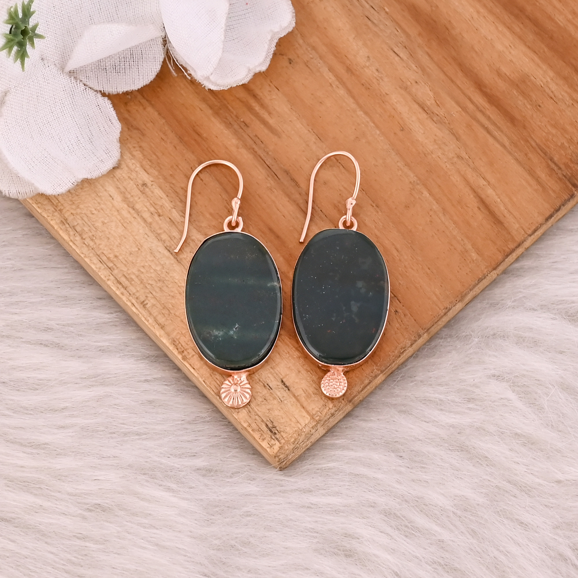 Blood Agate Gemstone Handmade Designer Earrings Rose Gold Brass Dangler Fashion Earring Jewelry