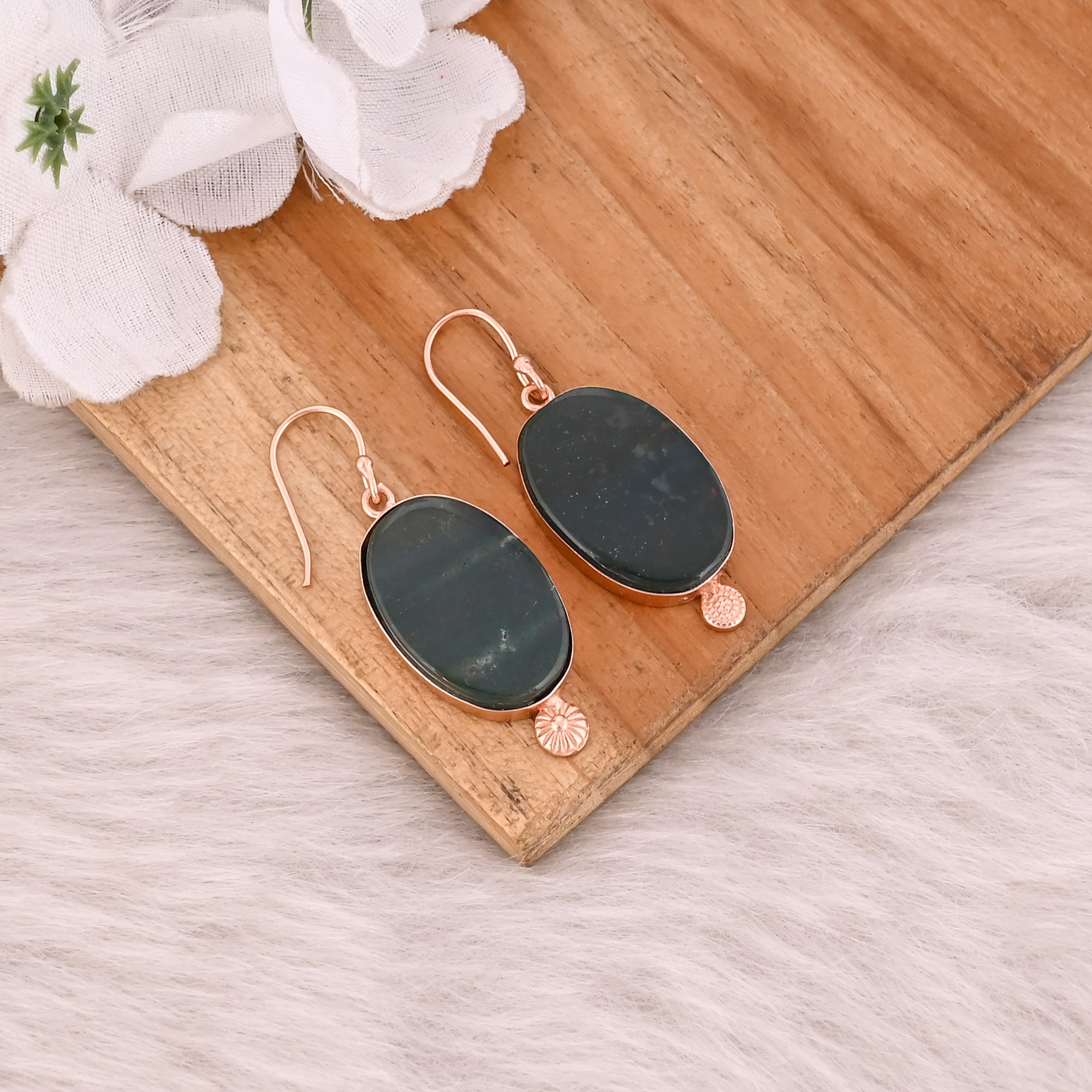 Blood Agate Gemstone Handmade Designer Earrings Rose Gold Brass Dangler Fashion Earring Jewelry