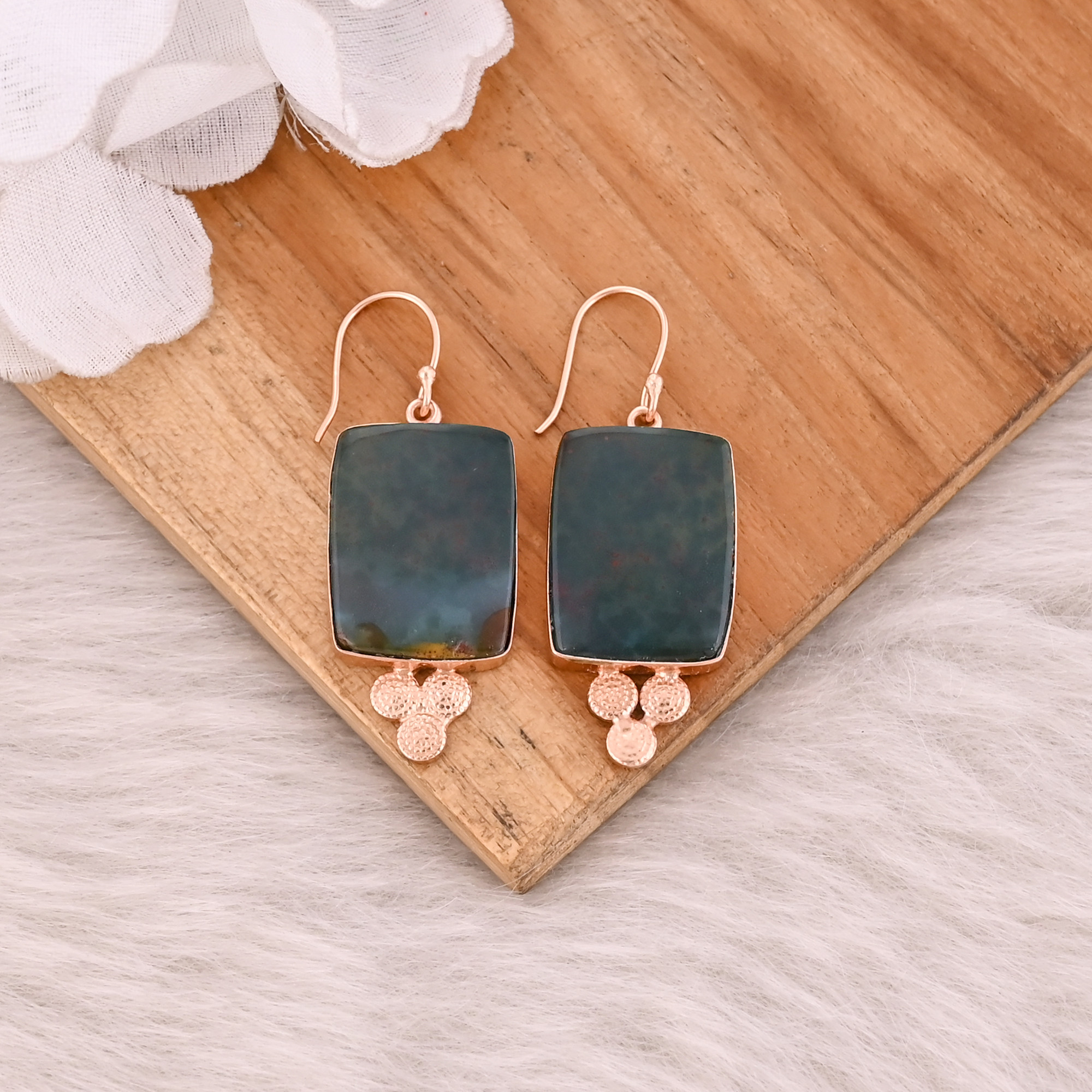 Blood Agate Rectangle Cushion Gemstone Brass Rose Gold Plated Handmade Designer Dangle Earring