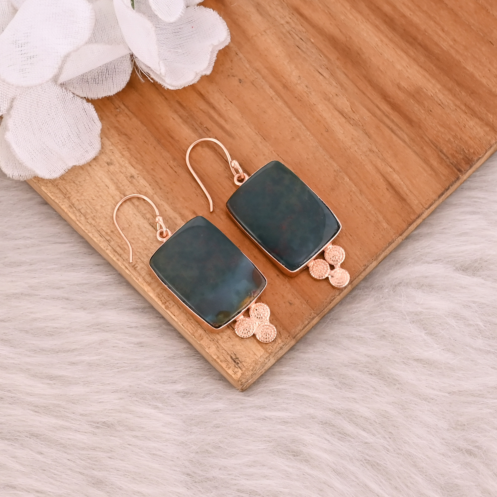 Blood Agate Rectangle Cushion Gemstone Brass Rose Gold Plated Handmade Designer Dangle Earring