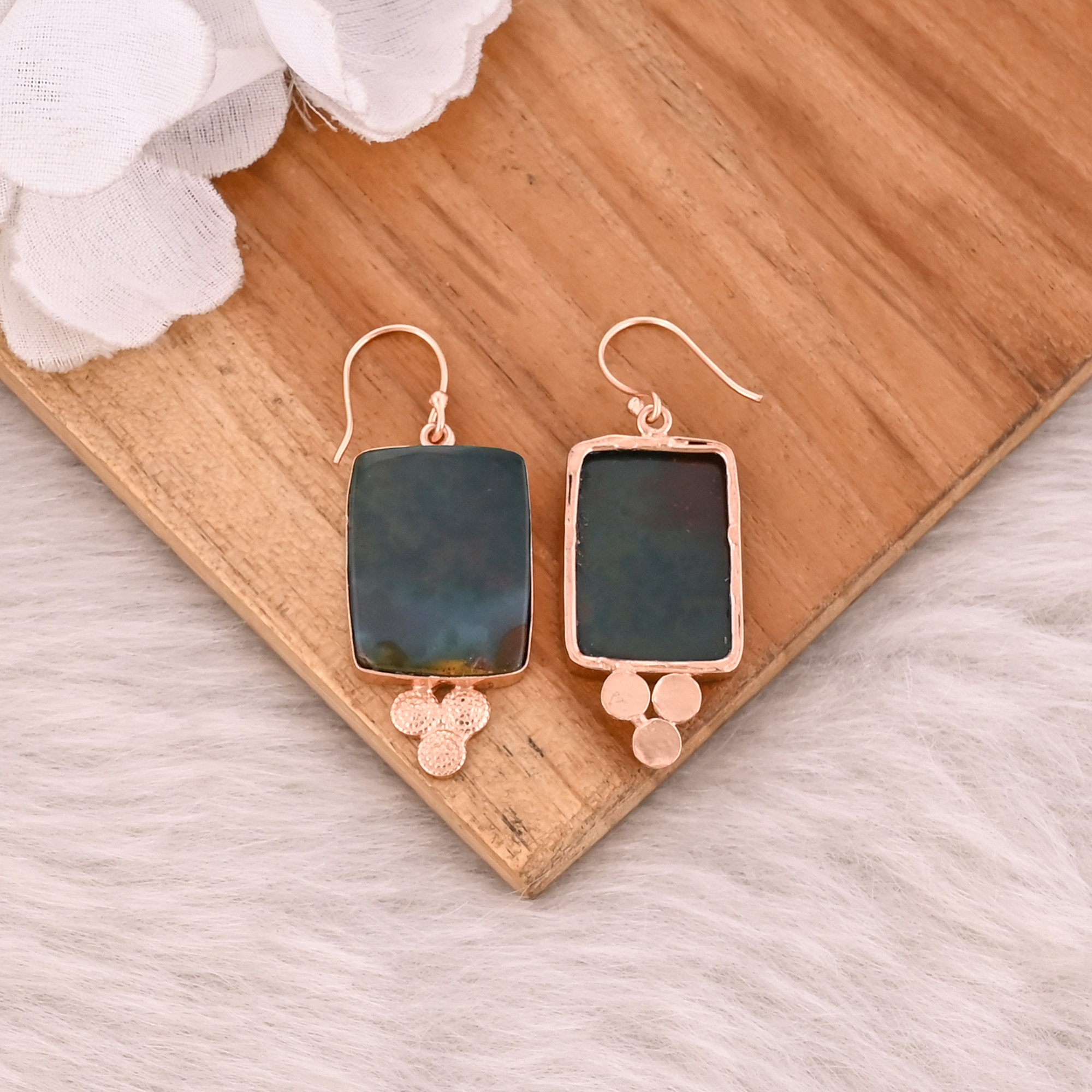 Blood Agate Rectangle Cushion Gemstone Brass Rose Gold Plated Handmade Designer Dangle Earring