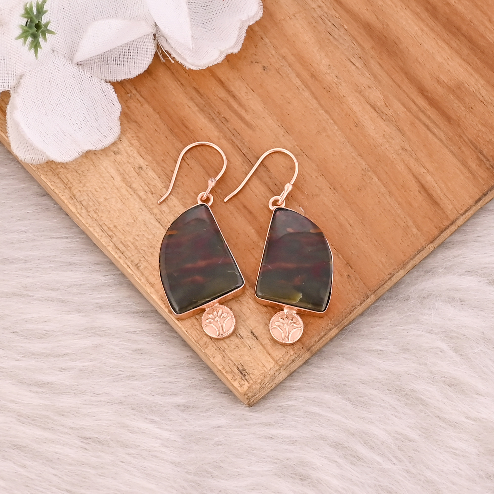 Handmade Designer Womens Rose Gold Plated Brass Earrings Blood Agate Gemstone Earring