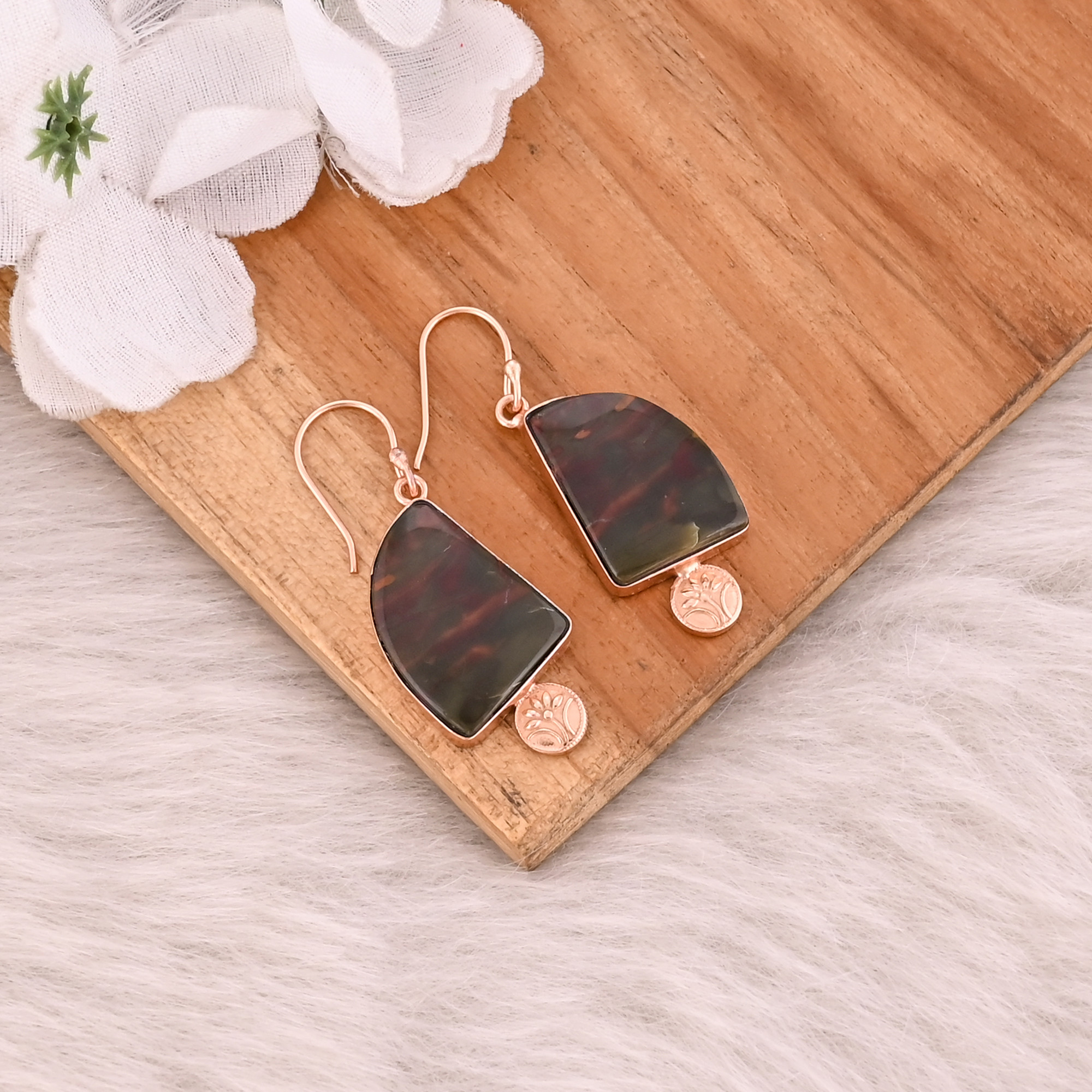 Handmade Designer Womens Rose Gold Plated Brass Earrings Blood Agate Gemstone Earring