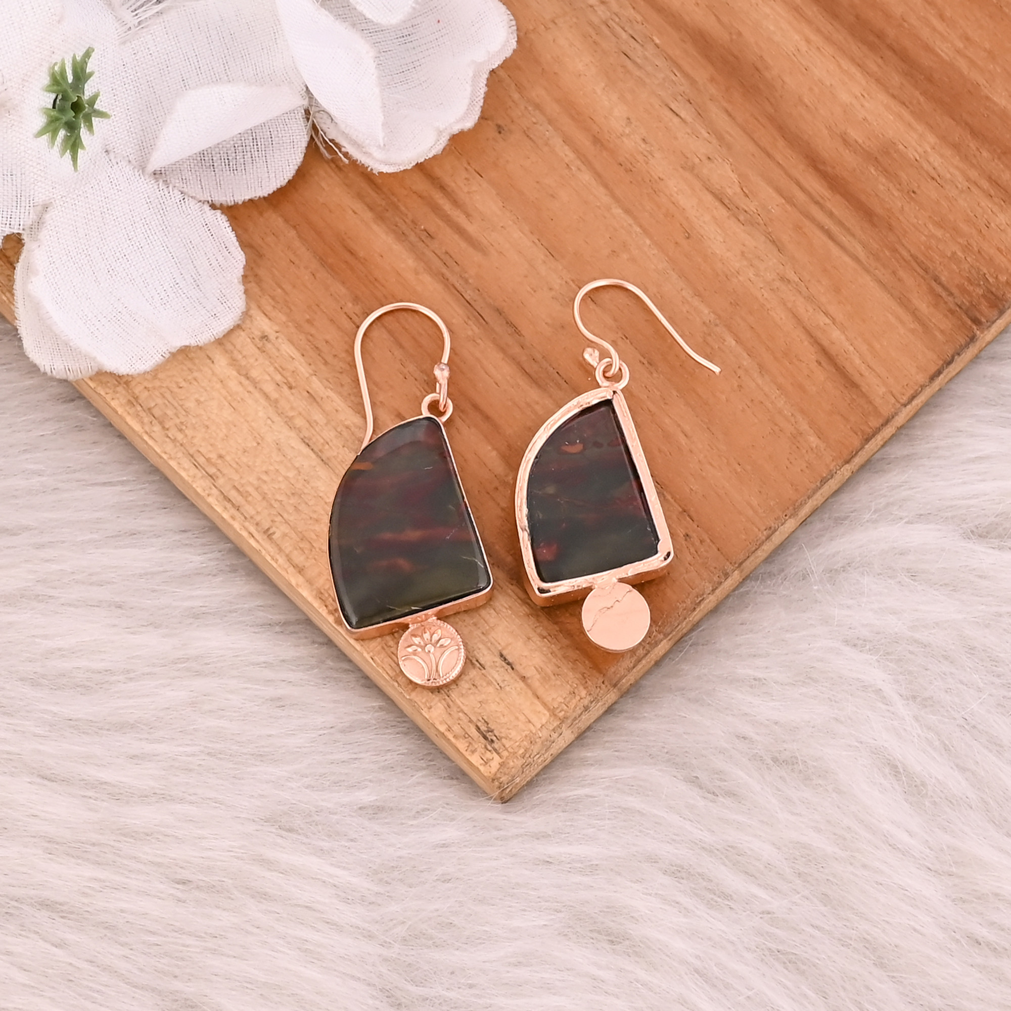Handmade Designer Womens Rose Gold Plated Brass Earrings Blood Agate Gemstone Earring