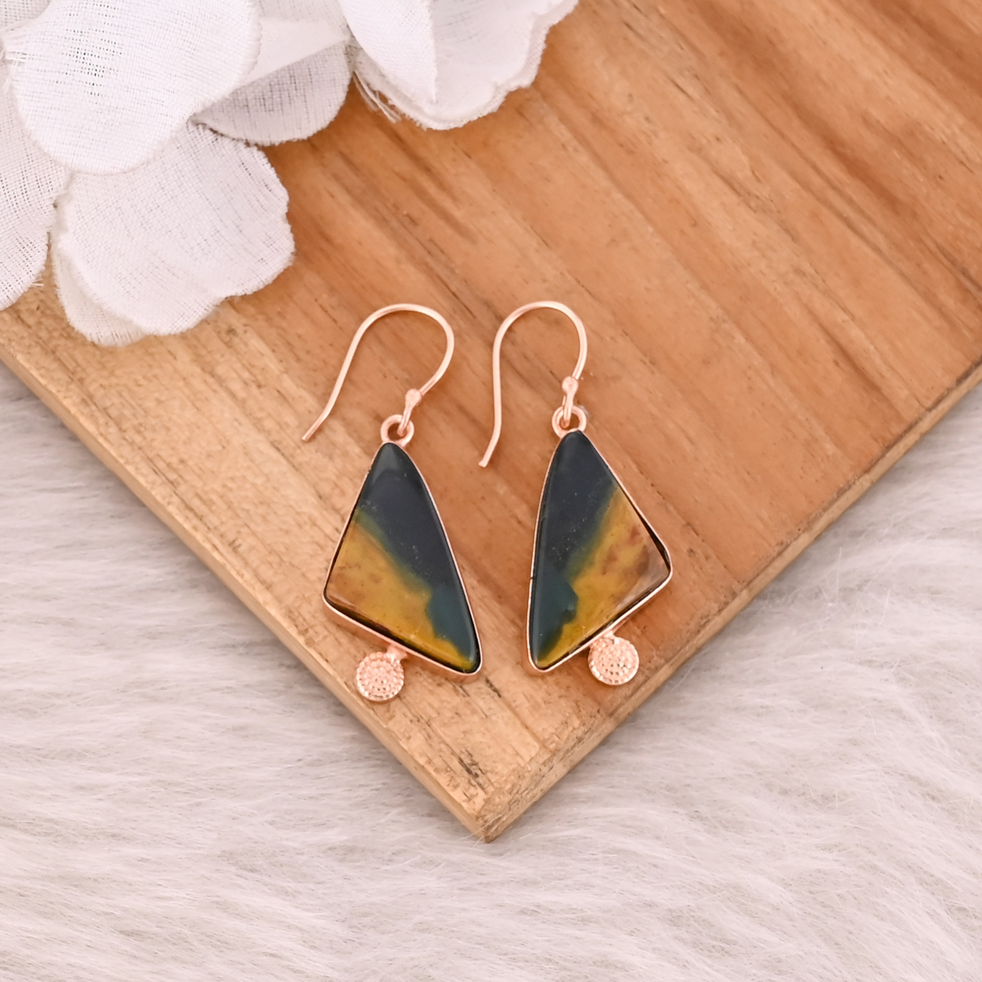 Malinga Jasper Gemstone Brass Rose Gold Plated Dangle Earring Handmade Designer Bezel Setting Earring