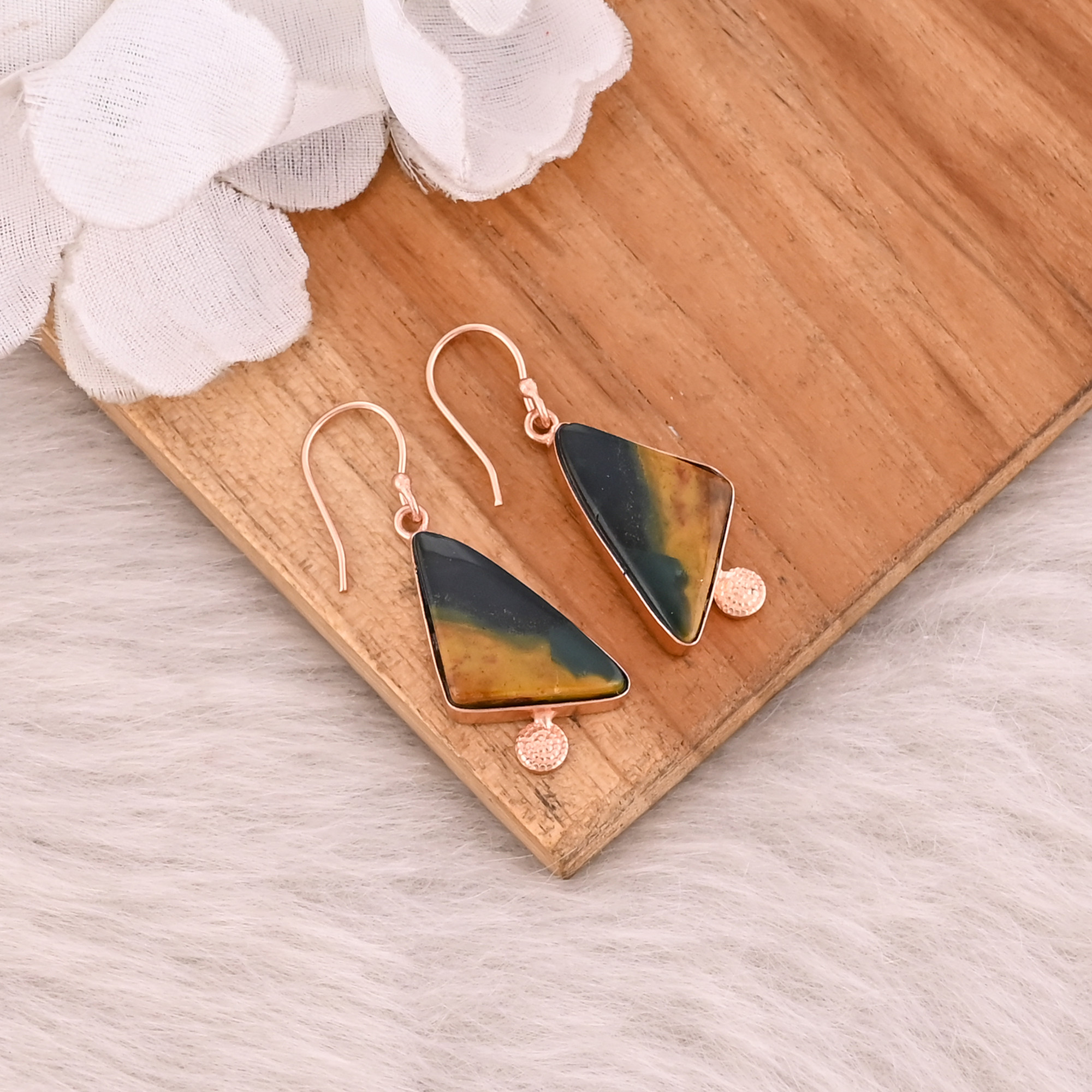 Malinga Jasper Gemstone Brass Rose Gold Plated Dangle Earring Handmade Designer Bezel Setting Earring