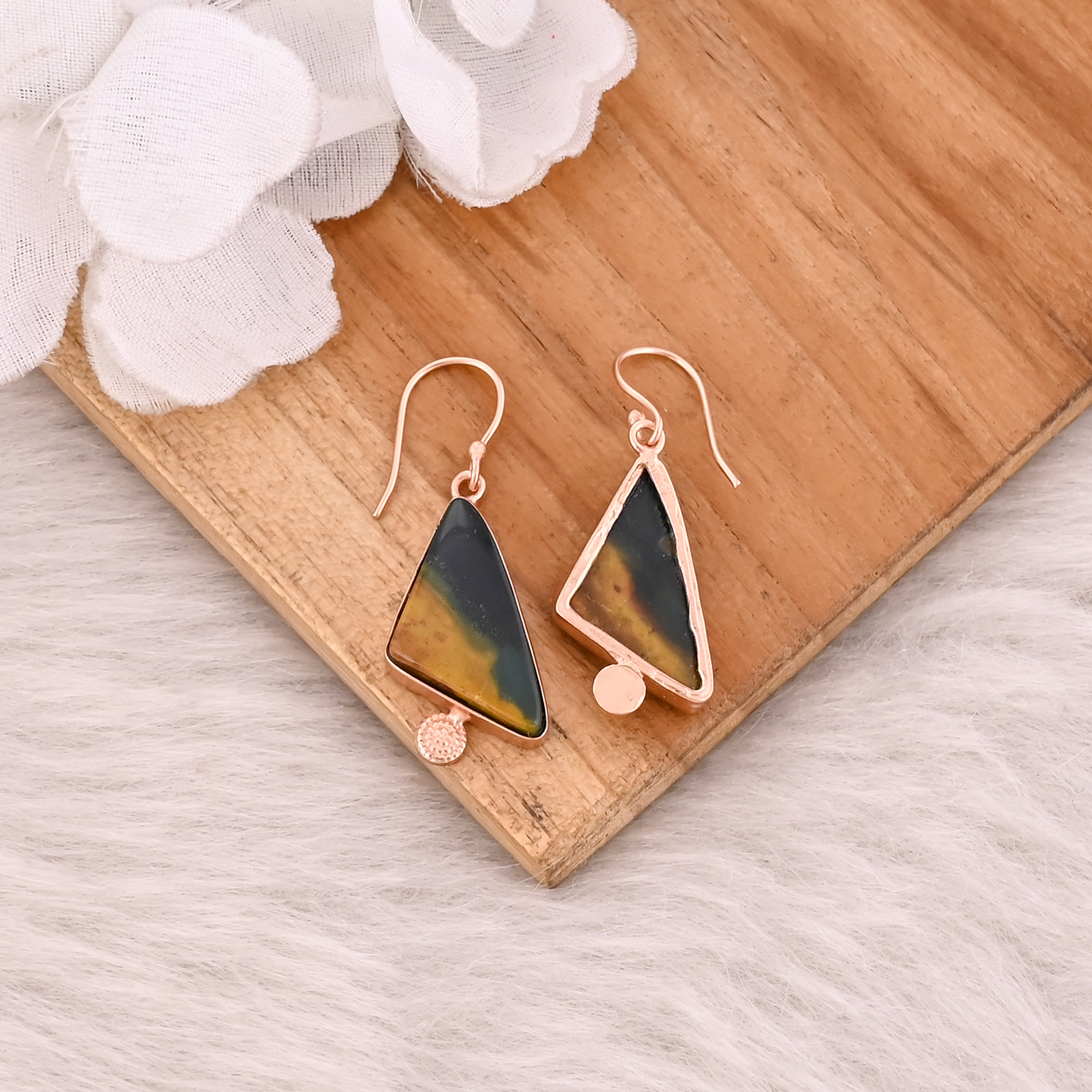Malinga Jasper Gemstone Brass Rose Gold Plated Dangle Earring Handmade Designer Bezel Setting Earring