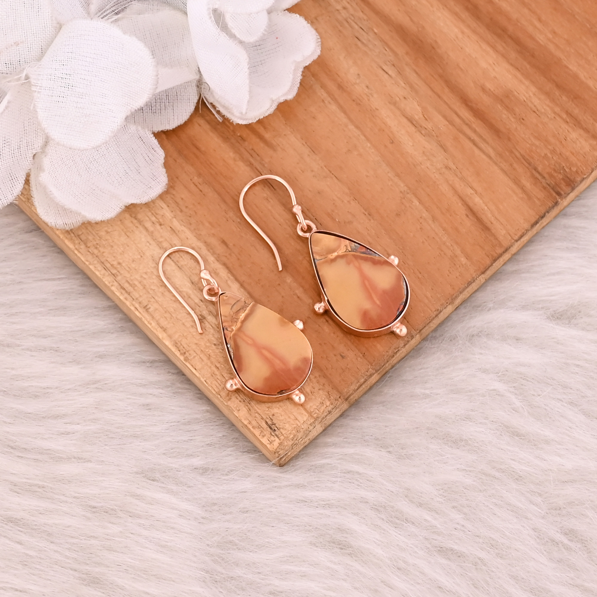 Malinga Jasper Pear Gemstone Brass Rose Gold Plated Dangle Earring Handmade Jewelry