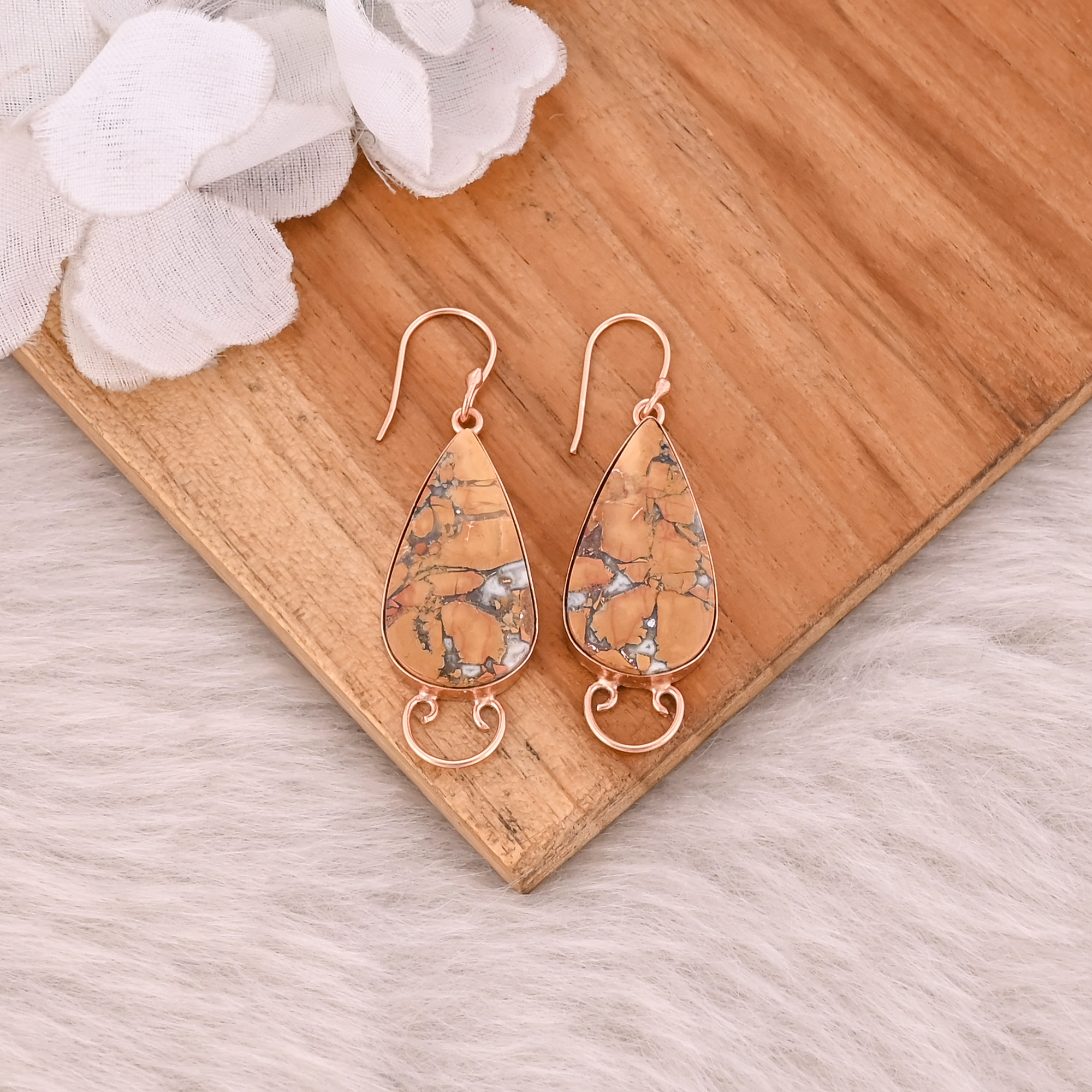 Malinga Jasper Pear Gemstone Brass Rose Gold Plated Dangle Earring Handmade Designer Earring