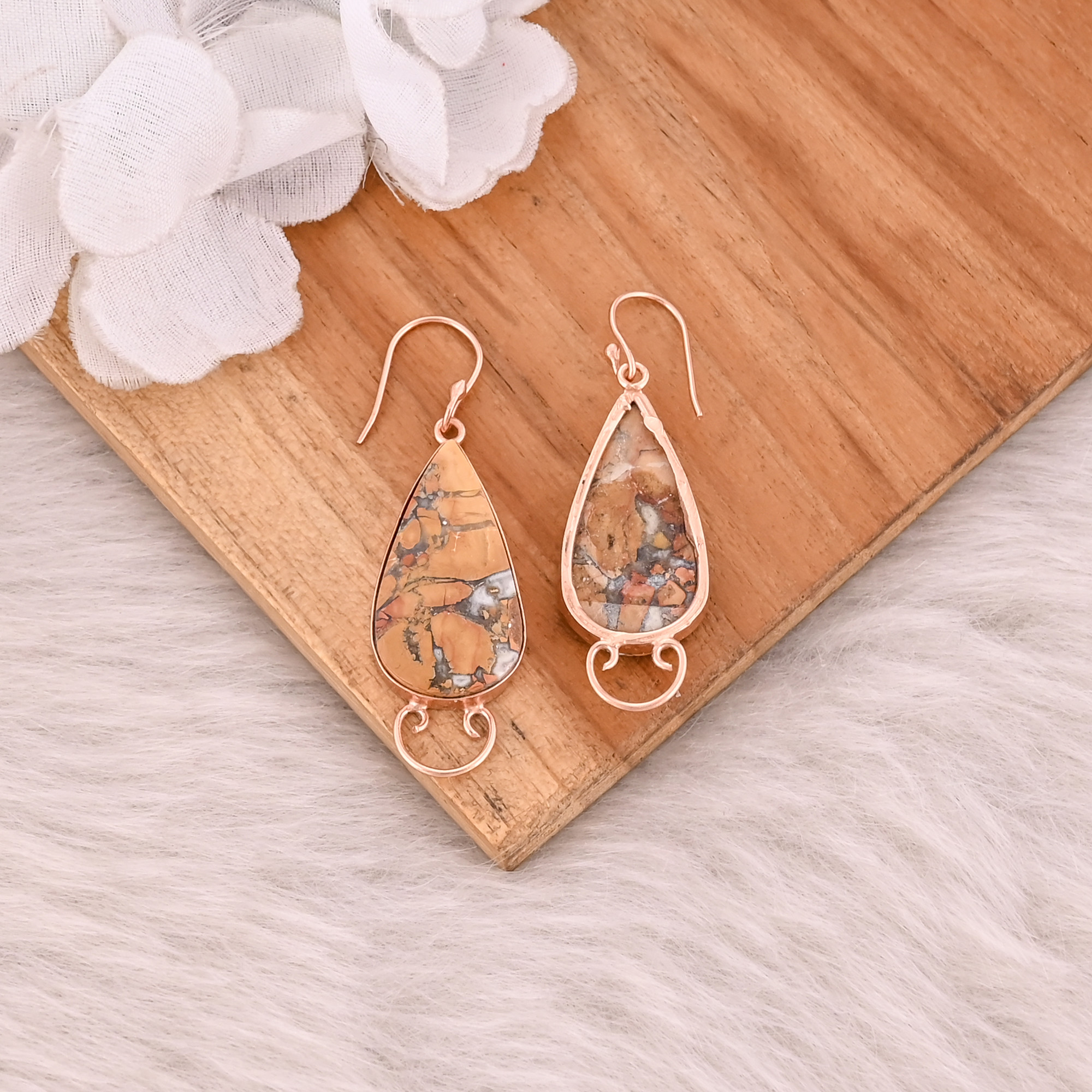 Malinga Jasper Pear Gemstone Brass Rose Gold Plated Dangle Earring Handmade Designer Earring