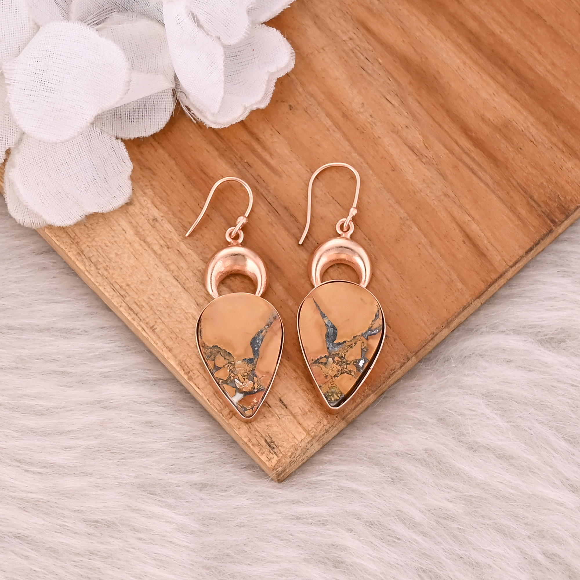 Malinga Jasper Gemstone Brass Handmade Designer Dangle Rose Gold Plated Earring