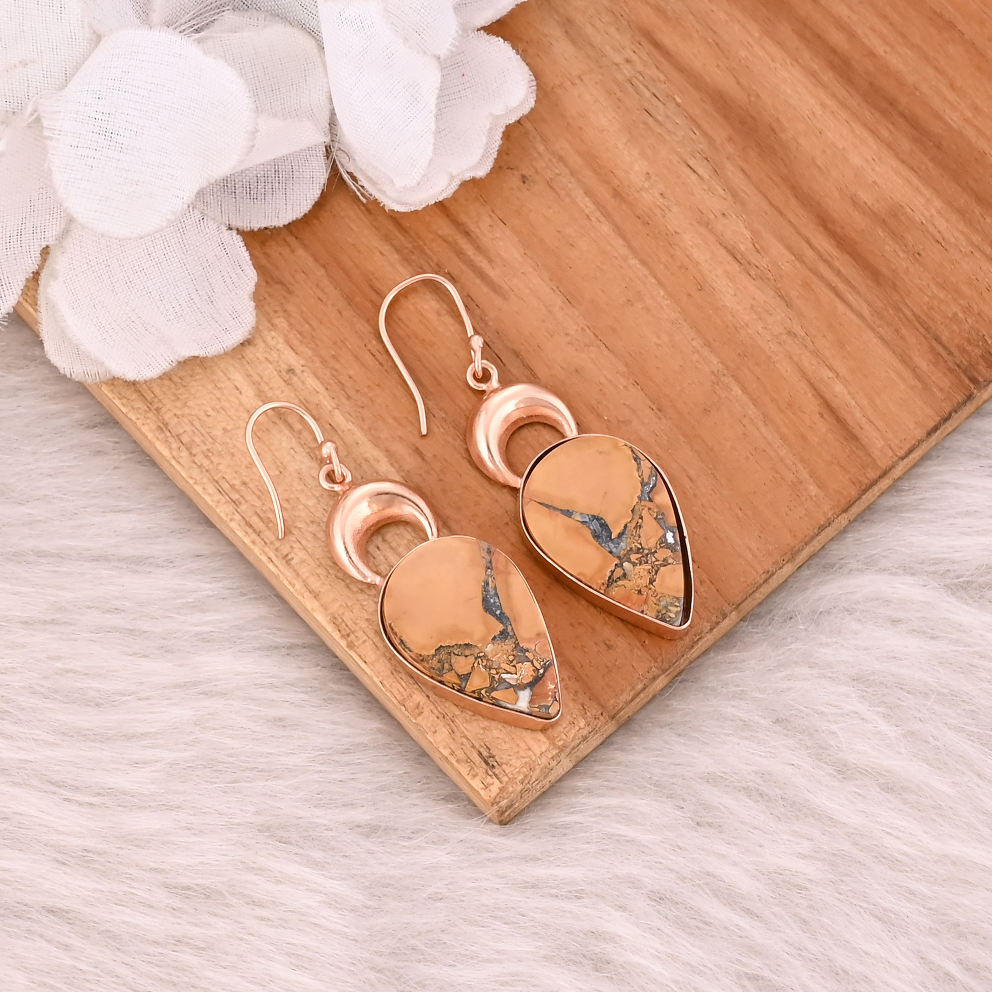 Malinga Jasper Gemstone Brass Handmade Designer Dangle Rose Gold Plated Earring