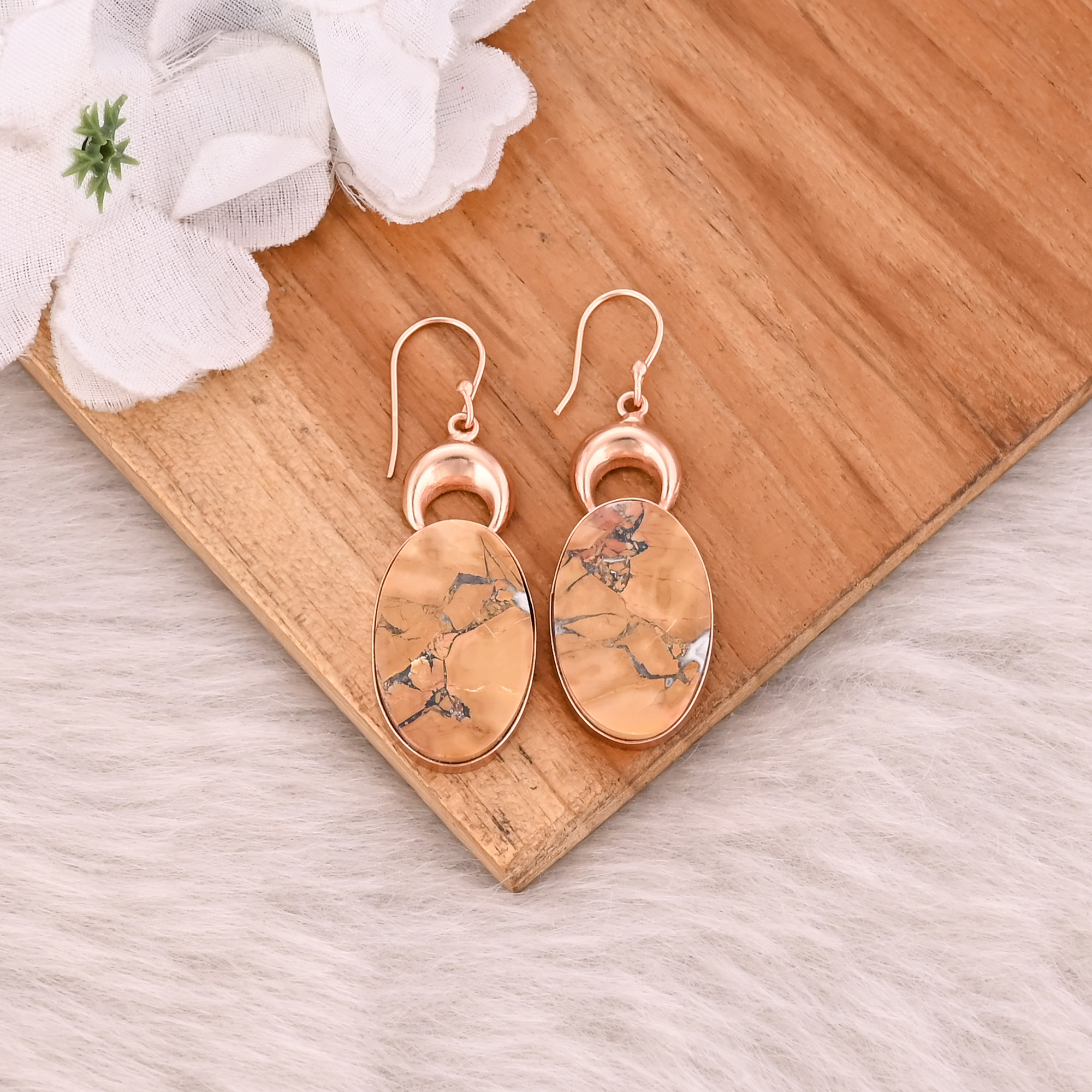 Brass Rose Gold Plated Malinga Jasper Oval Gemstone Women Dangle Handmade Earring
