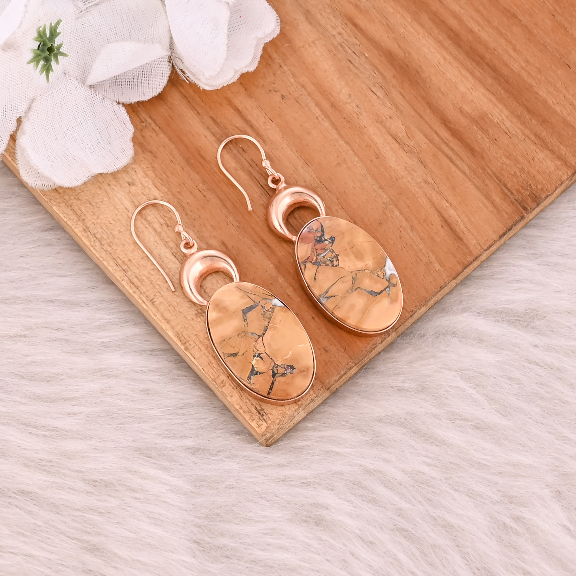 Brass Rose Gold Plated Malinga Jasper Oval Gemstone Women Dangle Handmade Earring