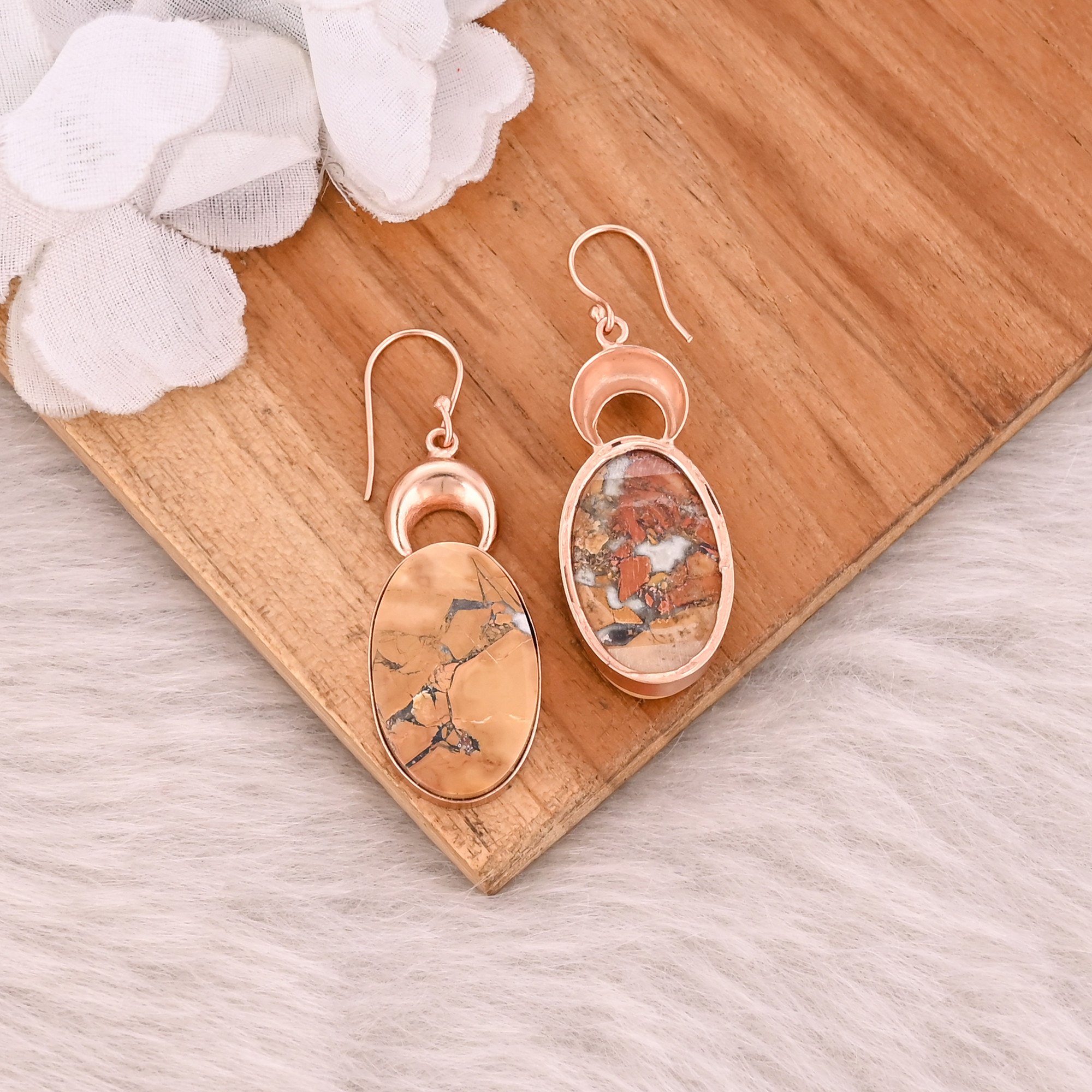 Brass Rose Gold Plated Malinga Jasper Oval Gemstone Women Dangle Handmade Earring
