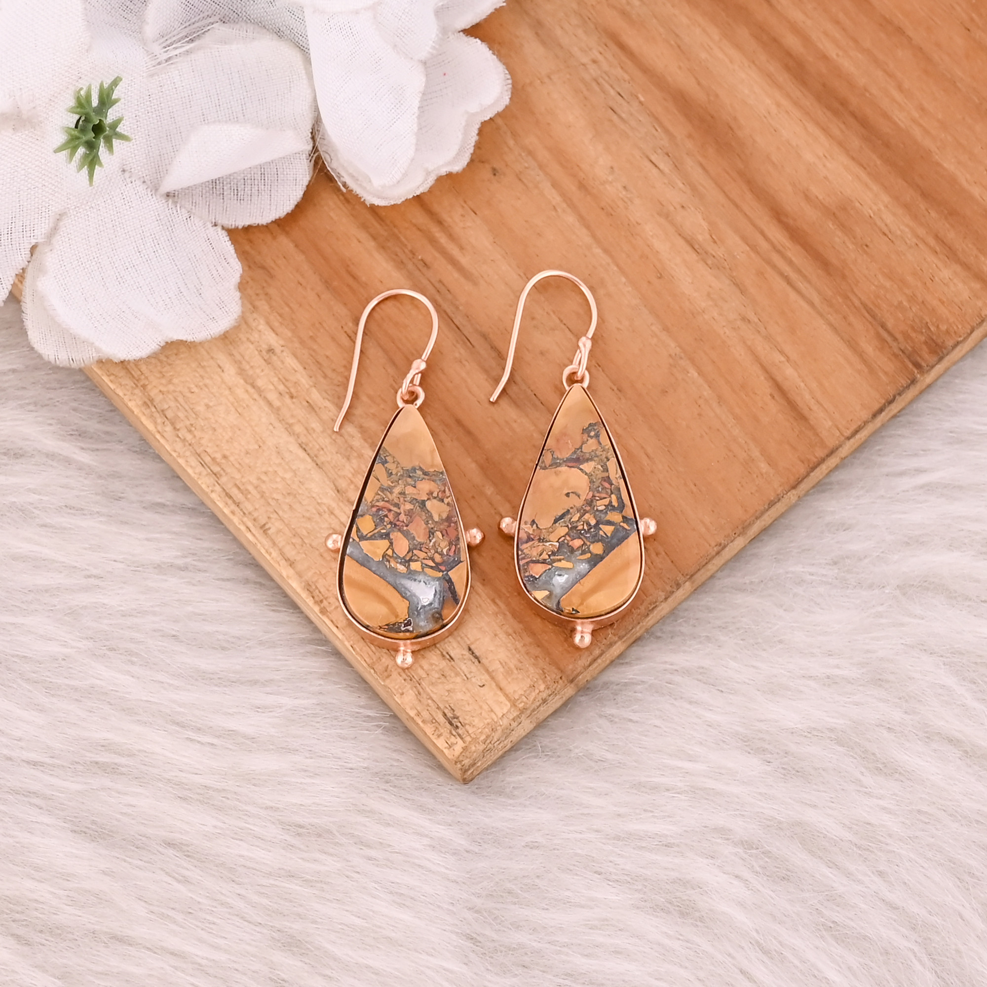 Malinga Jasper Pear Gemstone Brass Rose Gold Plated Dangle Earring Women Gifts Jewelry