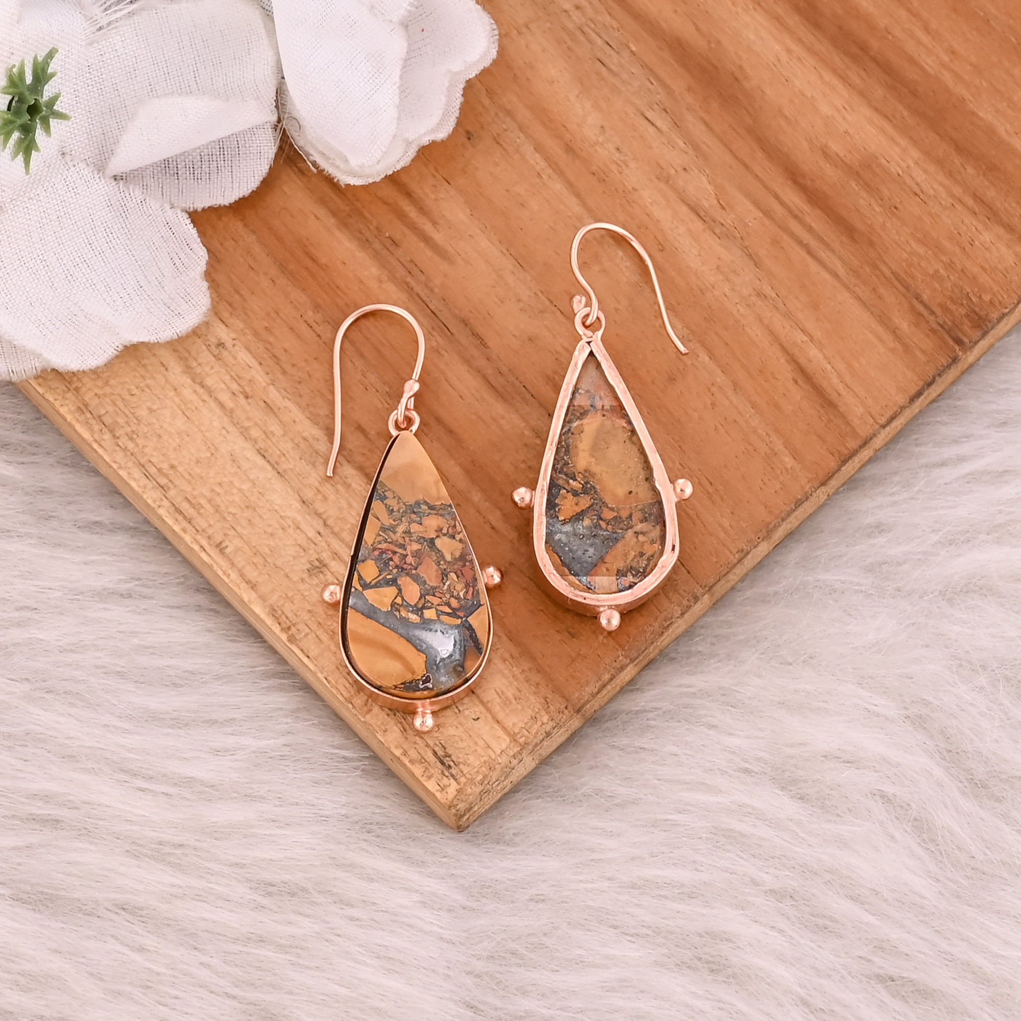 Malinga Jasper Pear Gemstone Brass Rose Gold Plated Dangle Earring Women Gifts Jewelry