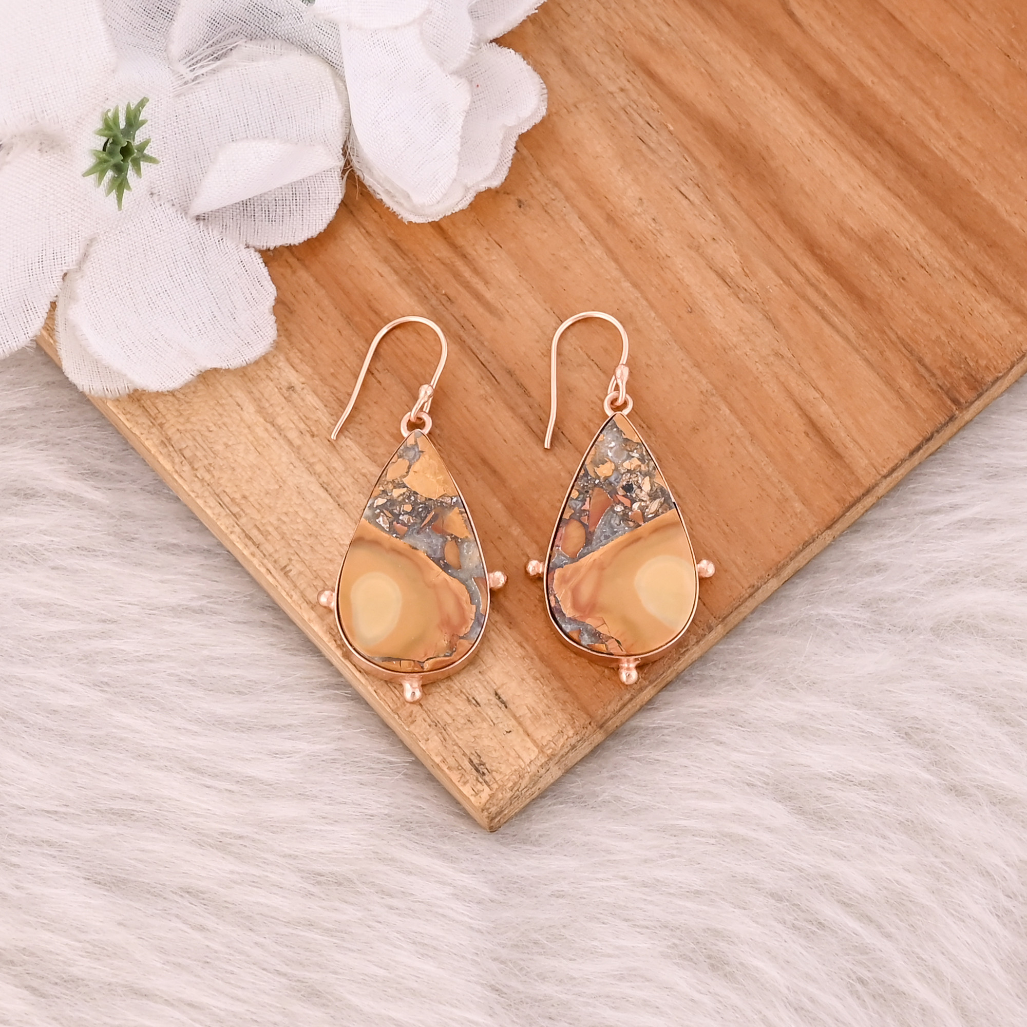 Malinga Jasper Pear Gemstone Brass Rose Gold Plated Dangle Earring Handmade Unique Jewelry
