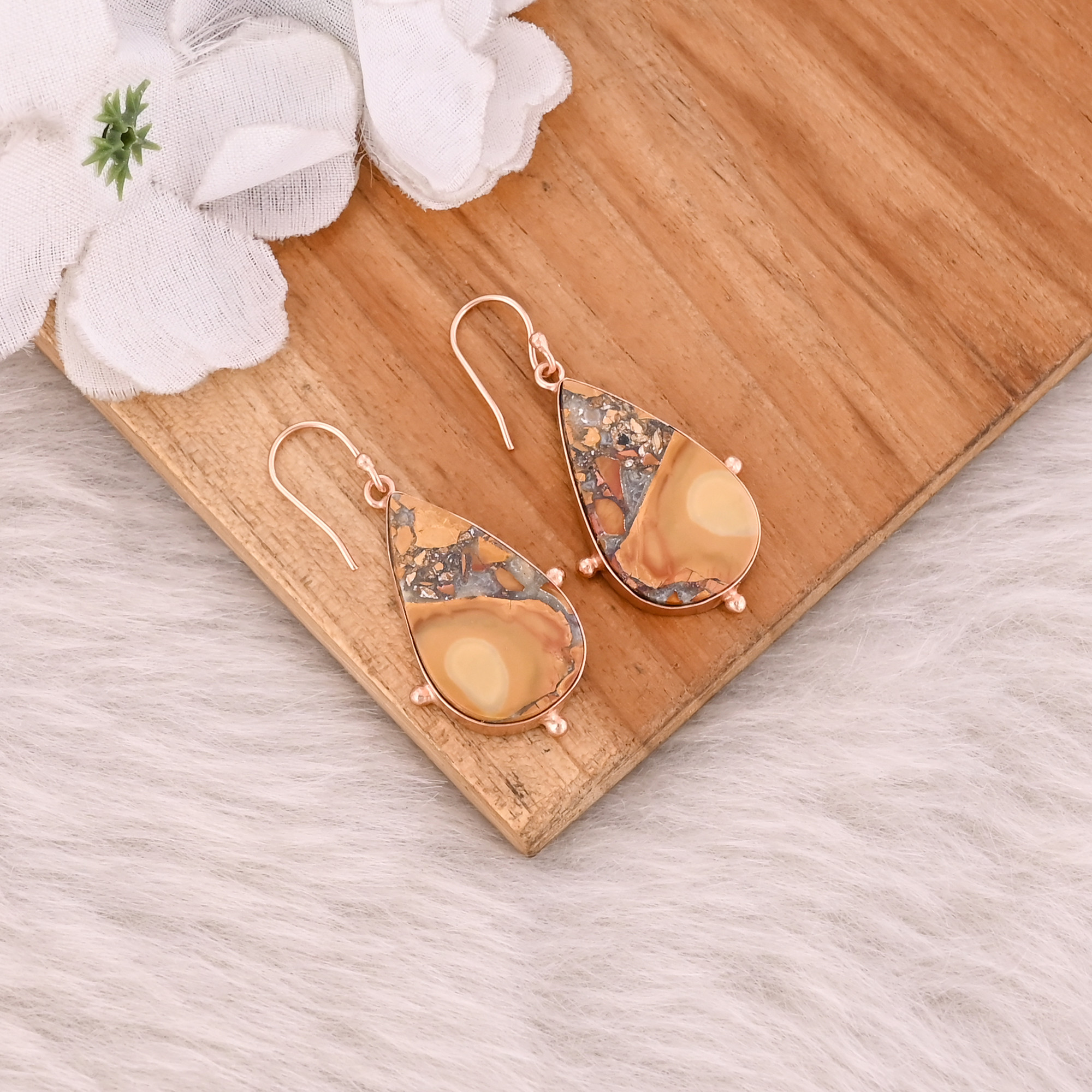 Malinga Jasper Pear Gemstone Brass Rose Gold Plated Dangle Earring Handmade Unique Jewelry